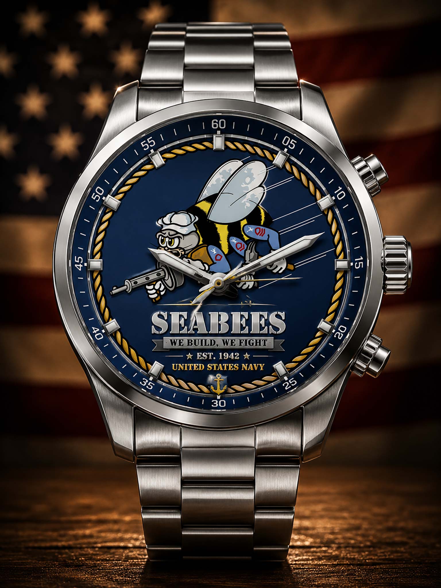 A stainless steel wristwatch with a blue Seabees dial featuring a bee graphic and the text 'Seabees We Build We Fight United States Navy,' shown against a blurred American flag background on a wooden surface.