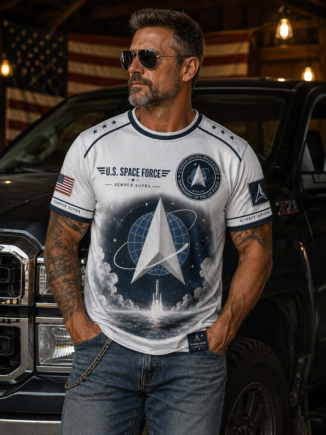 A white short-sleeve crewneck t-shirt with a detailed U.S.