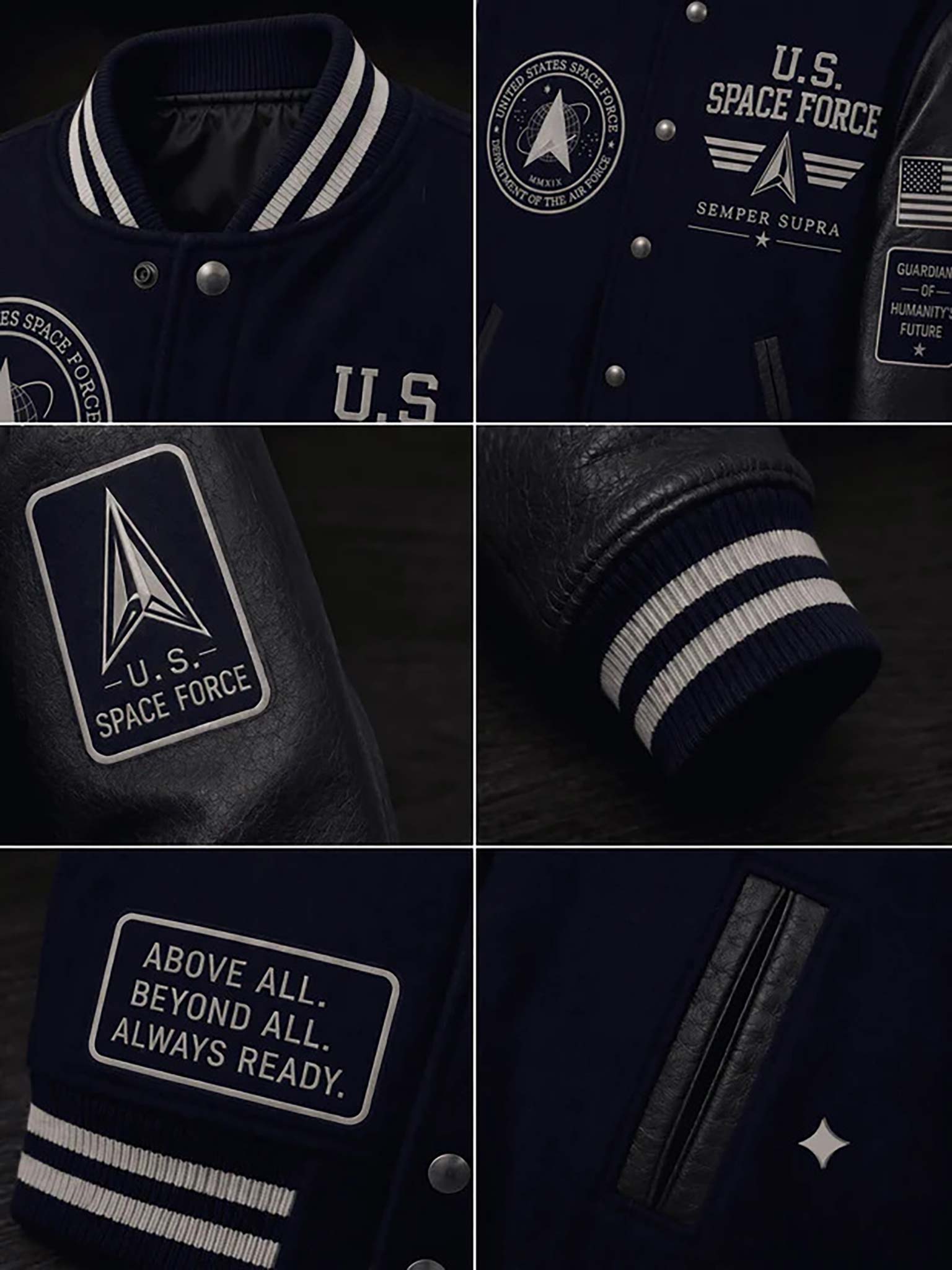 A navy blue varsity-style jacket shown in a six-panel collage, featuring U.S.
