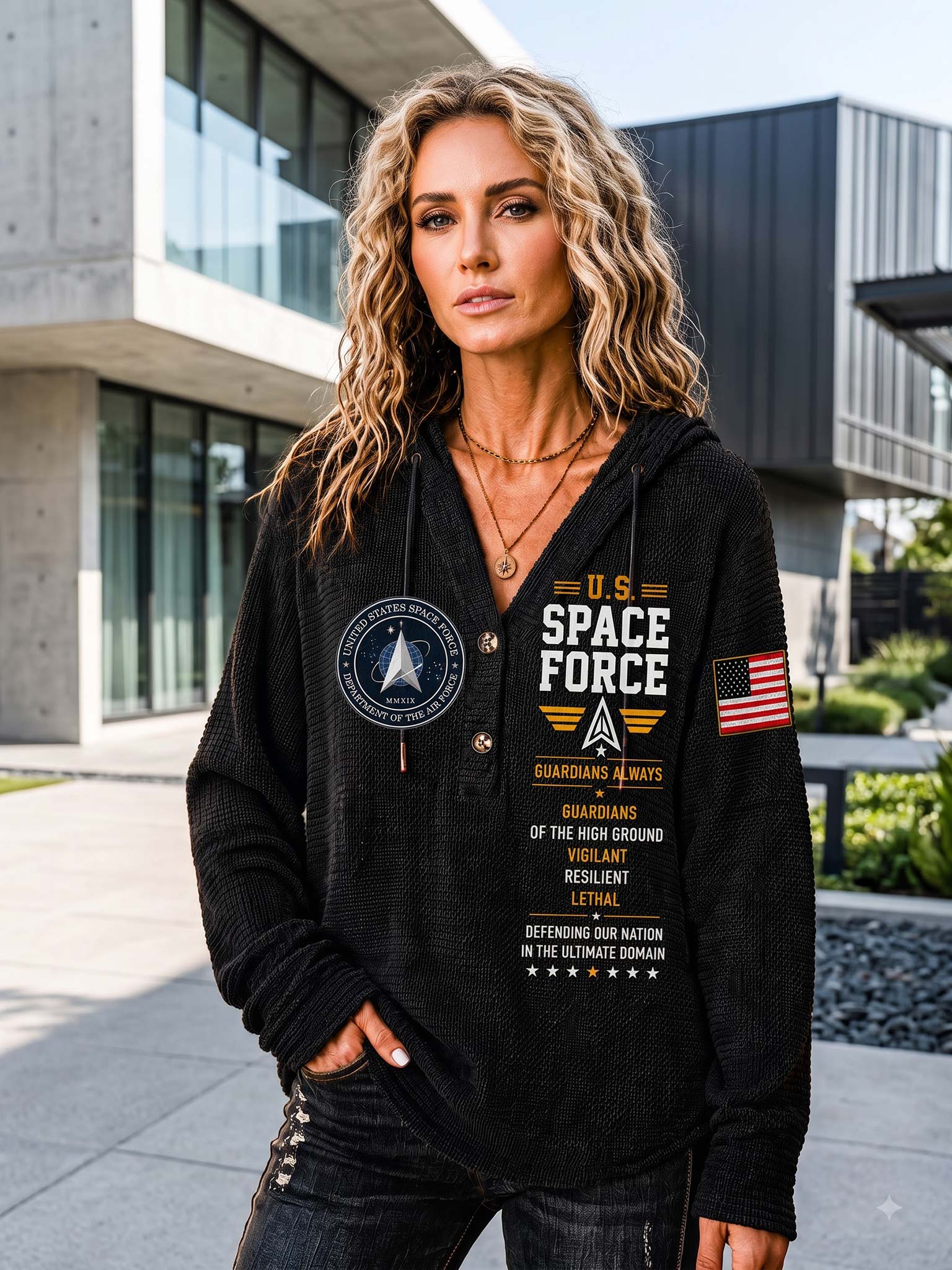 A woman wearing a black hooded sweatshirt with 'U.S.