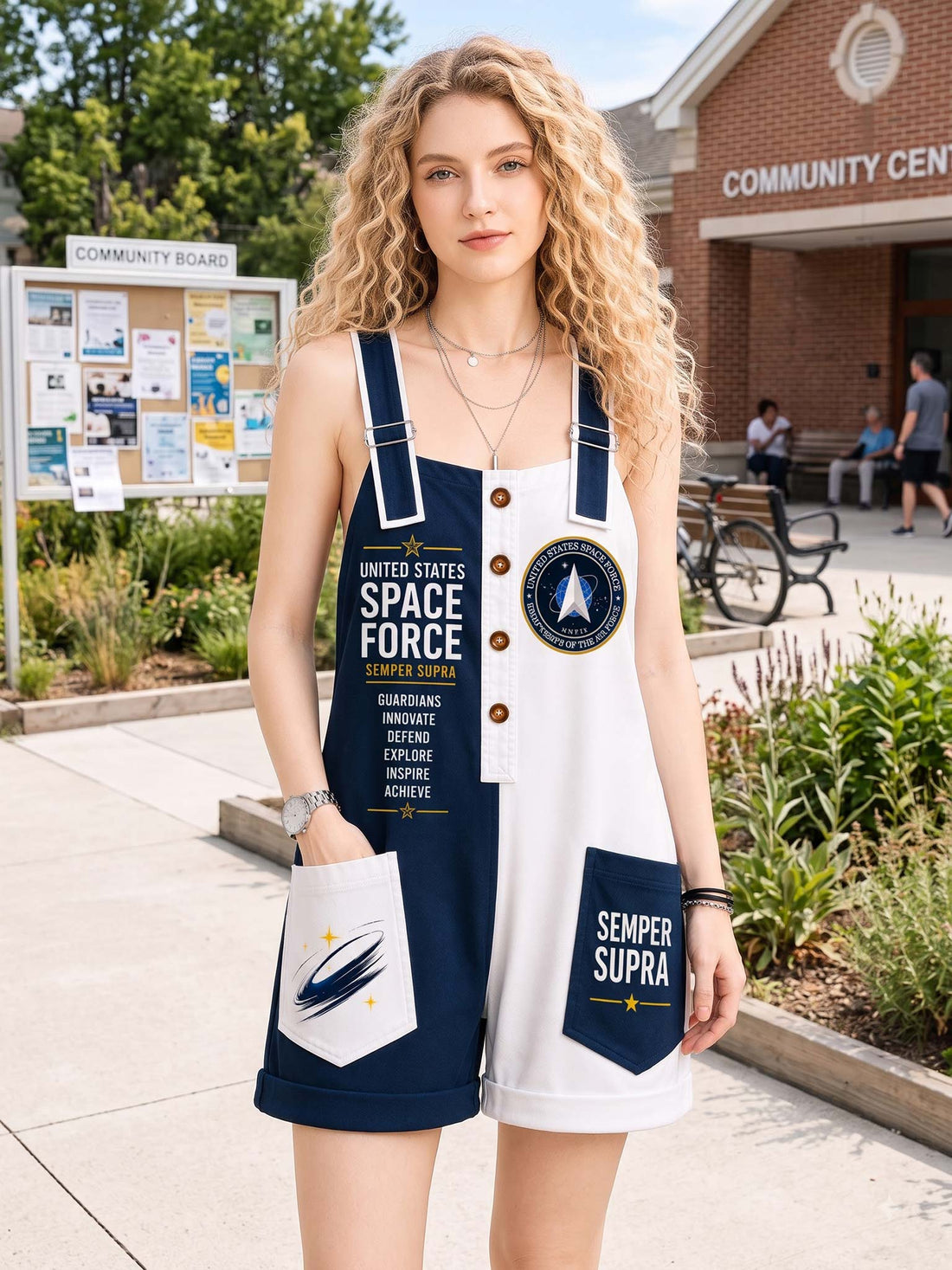 A woman wearing a sleeveless white and navy blue overall-style romper with space-themed graphics, including 'United States Space Force' text, a circular emblem, and a pocket reading 'Semper Supra.'.