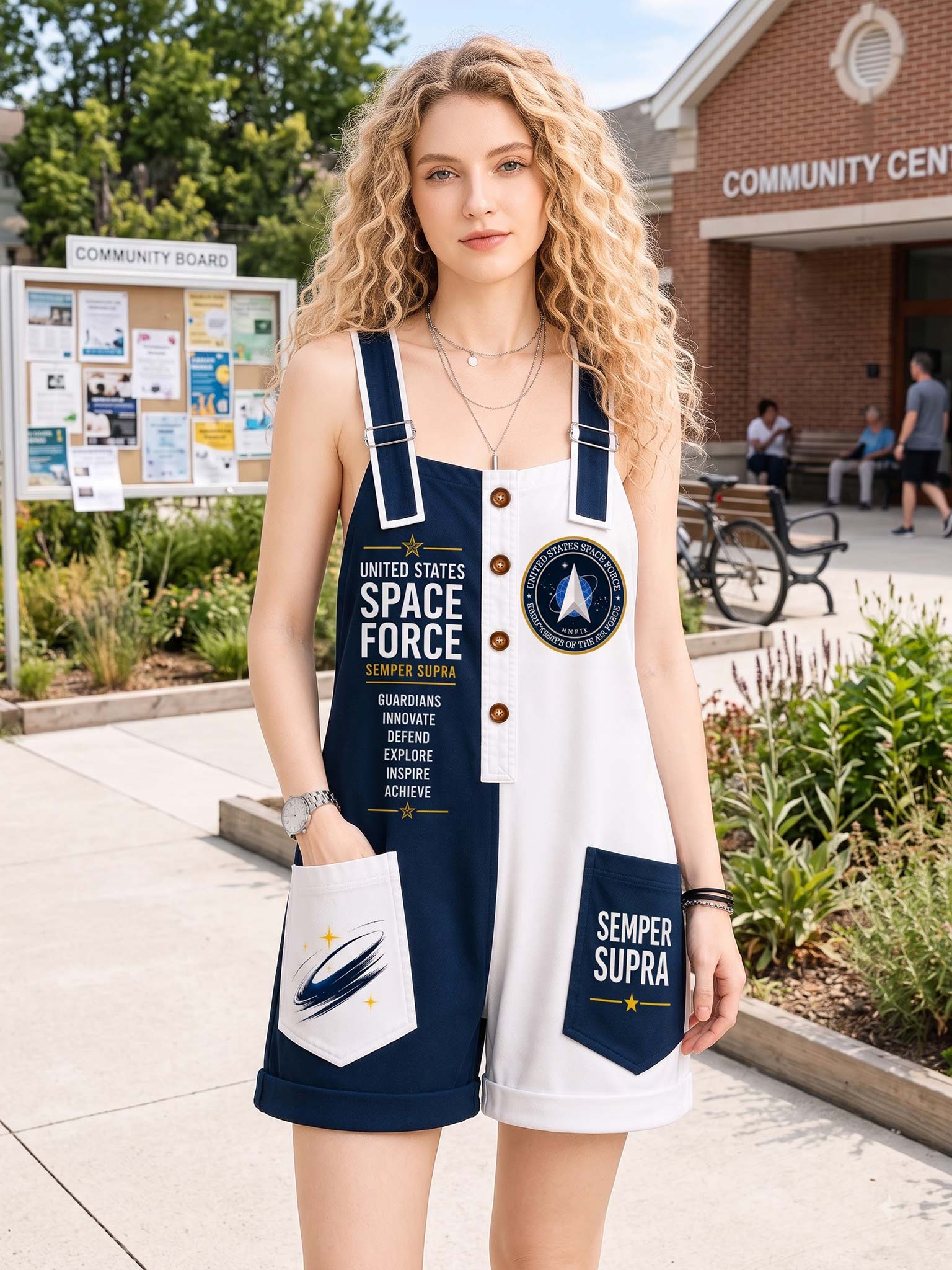 A woman stands outdoors in front of a brick building and bulletin board, wearing a white and navy blue romper styled with United States Space Force graphics, including a circular emblem on the chest and a 'Semper Supra' pocket.