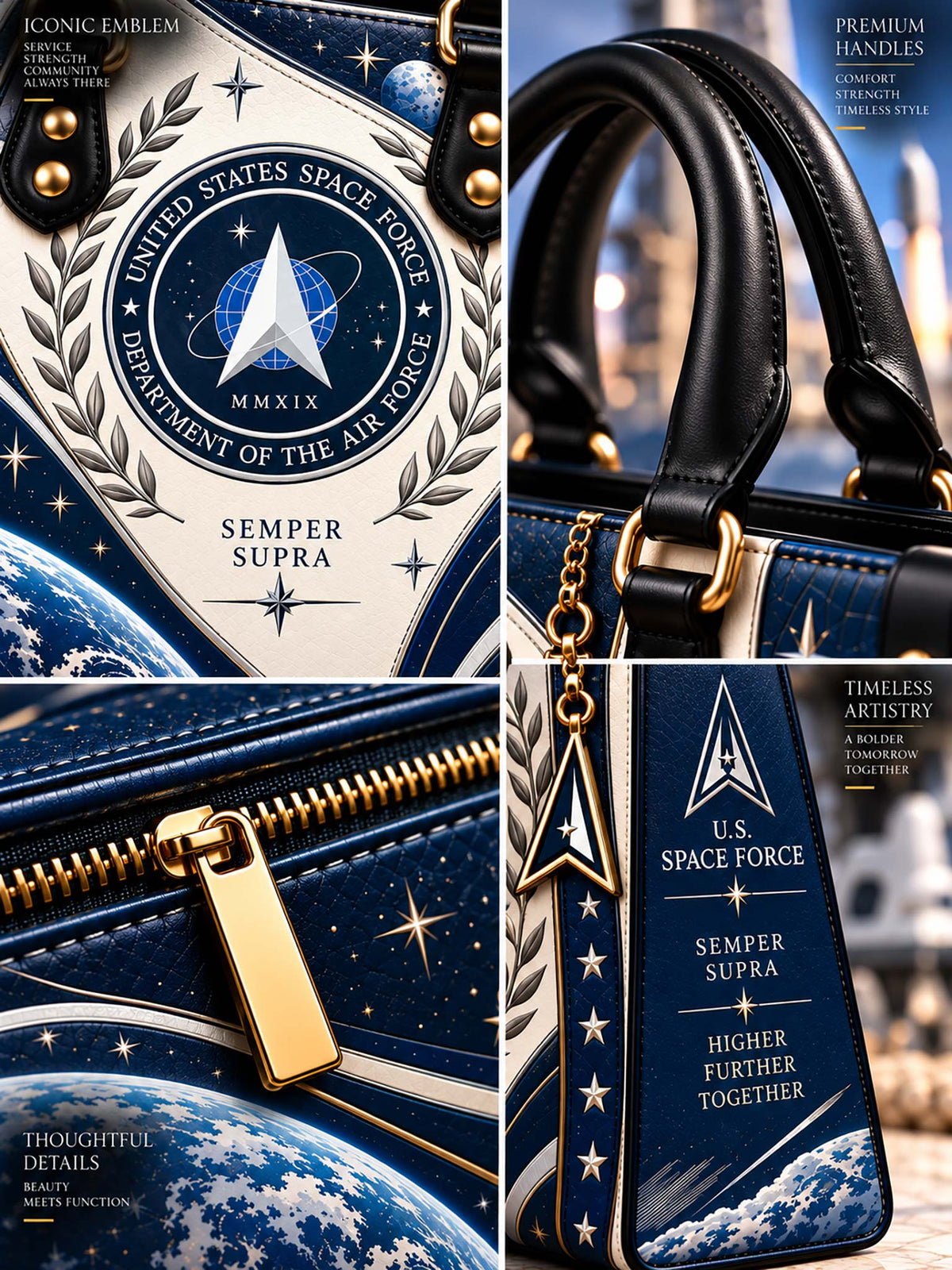 Space Force Heritage Elegance Leather Bag handle, zipper and print details