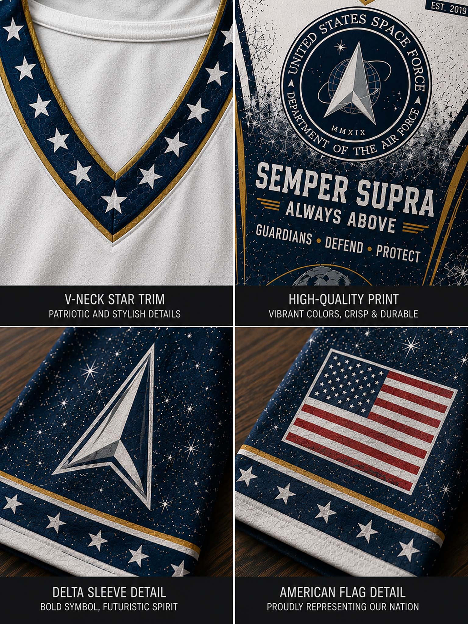 Four-panel product detail collage showing a white and navy space-themed V-neck shirt or garment. The panels highlight a navy V-neck trim with white stars and gold edging, a distressed navy chest graphic with white text reading 'SEMPER SUPRA' and 'United States Space Force,' a navy sleeve area with a white delta symbol, and a navy American flag patch detail.