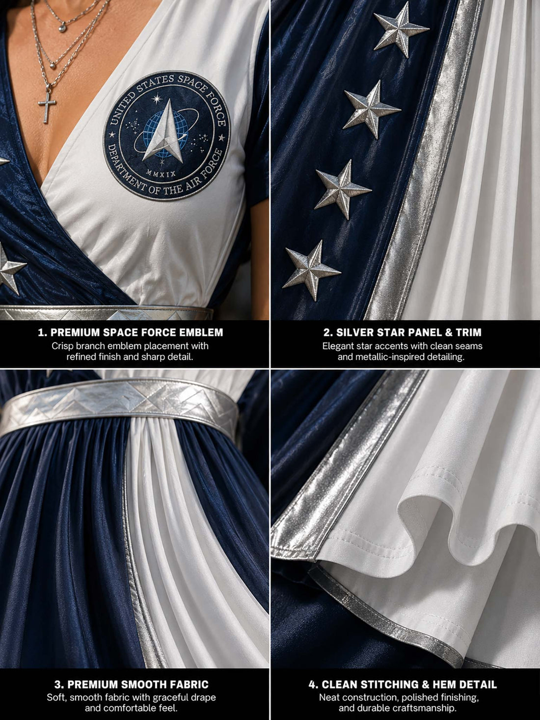 A woman stands outdoors in a mountain meadow wearing a high-low dress with a navy, white, and silver American flag theme and stars, paired with dark cowboy boots. A rustic cabin, American flag, and mountains are visible in the background.