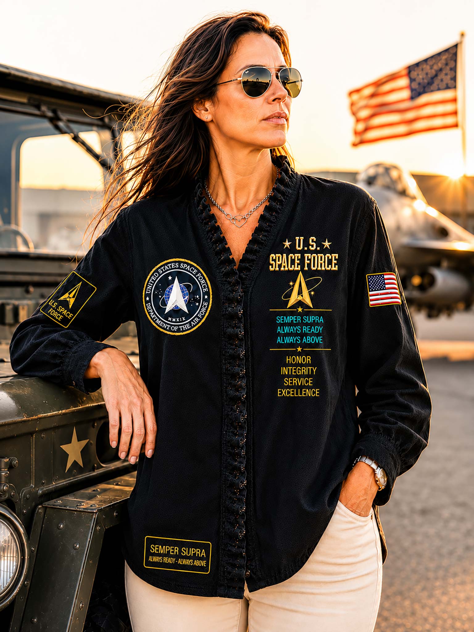 A woman wearing a black U.S.