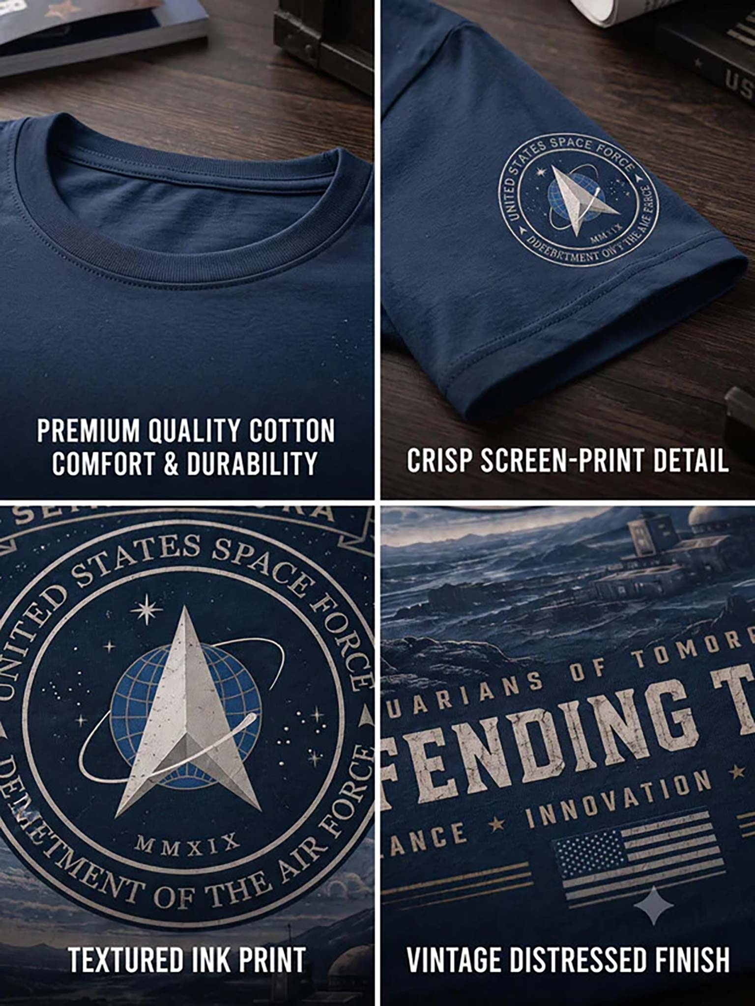 A four-panel product collage showing a navy blue T-shirt from multiple angles on a dark wood surface. The shirt features a distressed United States Space Force seal print in cream and white.