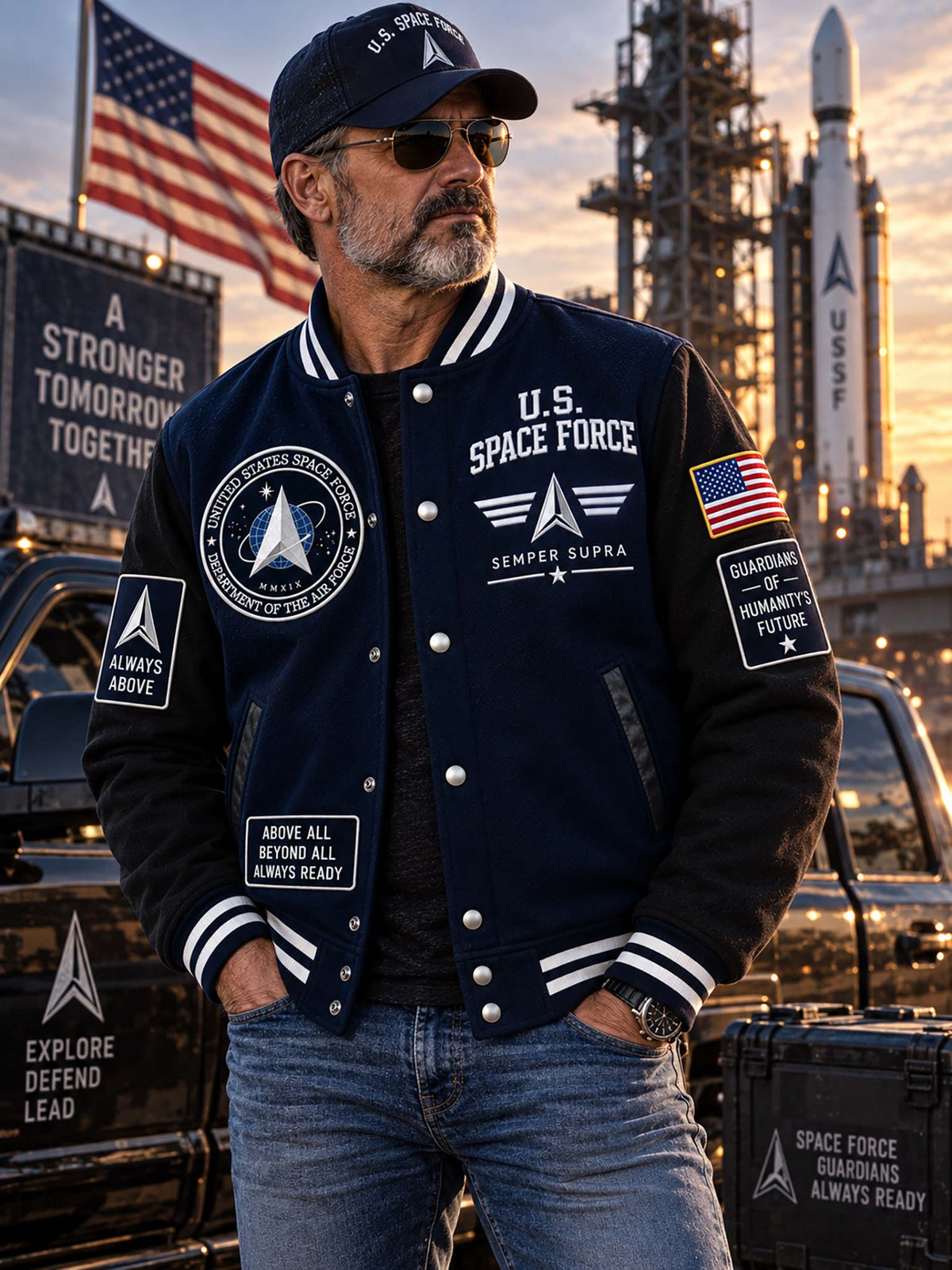 A man wearing a navy blue varsity jacket with 'U.S.