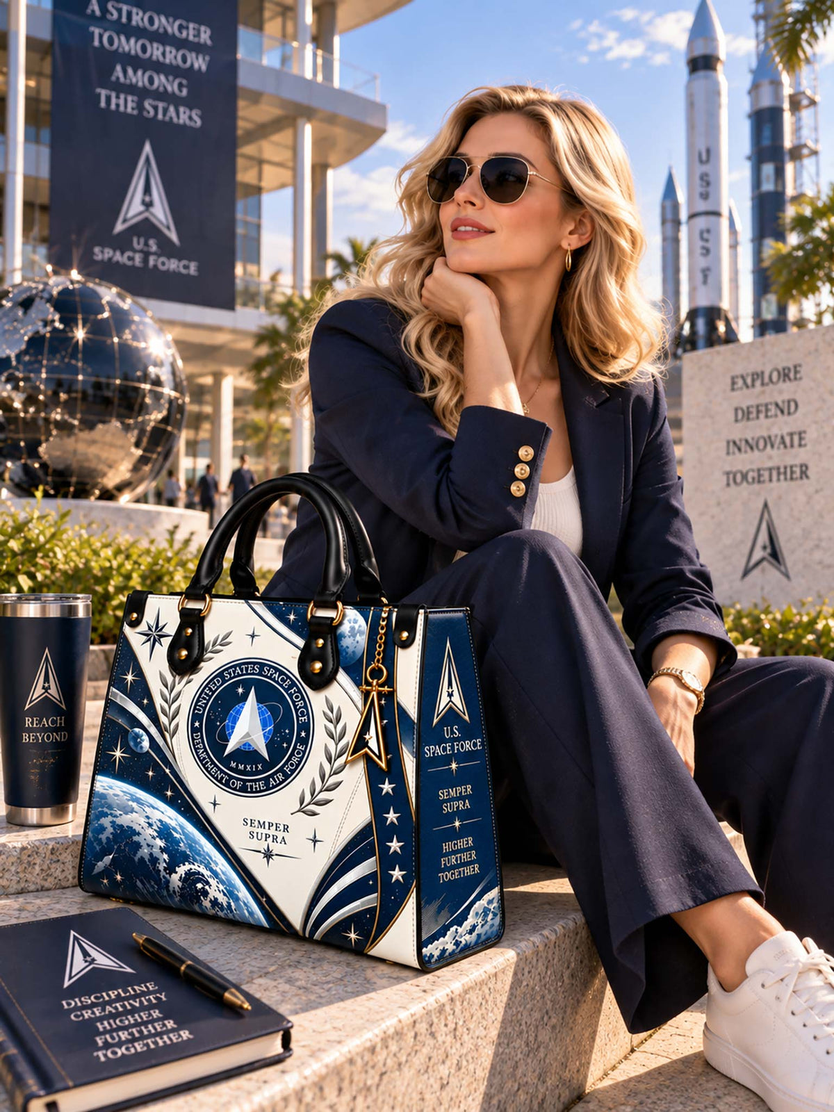 Woman carrying Space Force Heritage Elegance Leather Bag