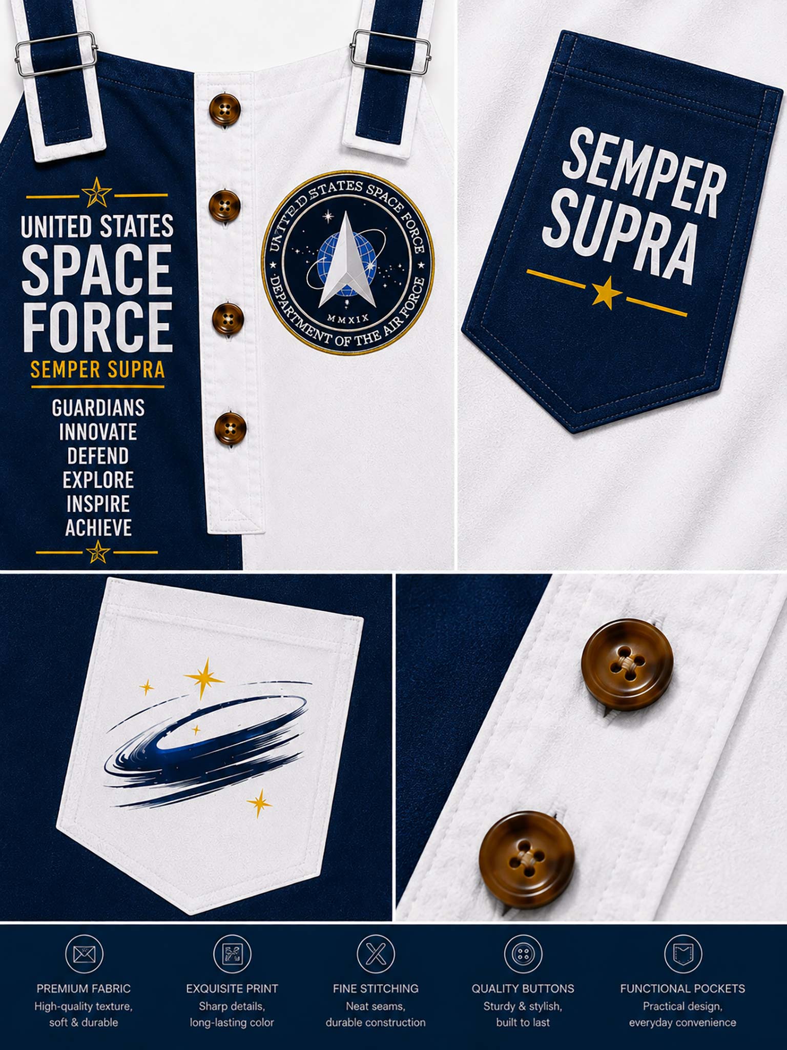 A United States Space Force themed white and navy blue shirt set, featuring a button-down shirt with matching suspenders, a pocket flag, and a wrist flag. The design includes the official US Space Force seal and 'Semper Supra' text, with close-up details of the fabric, buttons, and pockets.