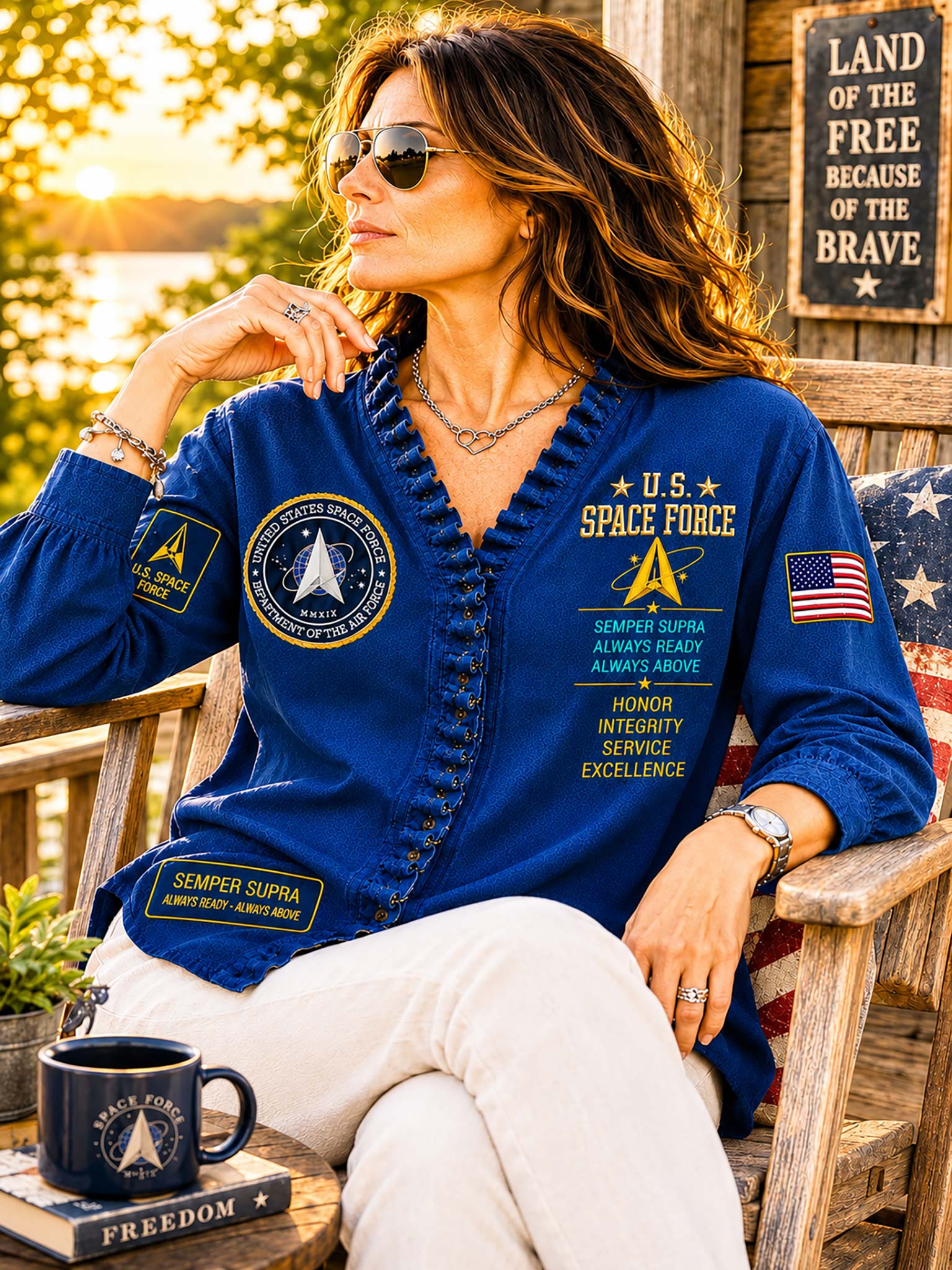 A woman wearing a royal blue U.S.