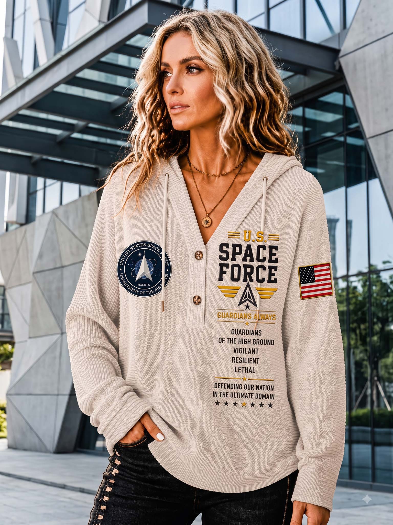 A woman wearing a beige hooded sweatshirt with 'U.S.