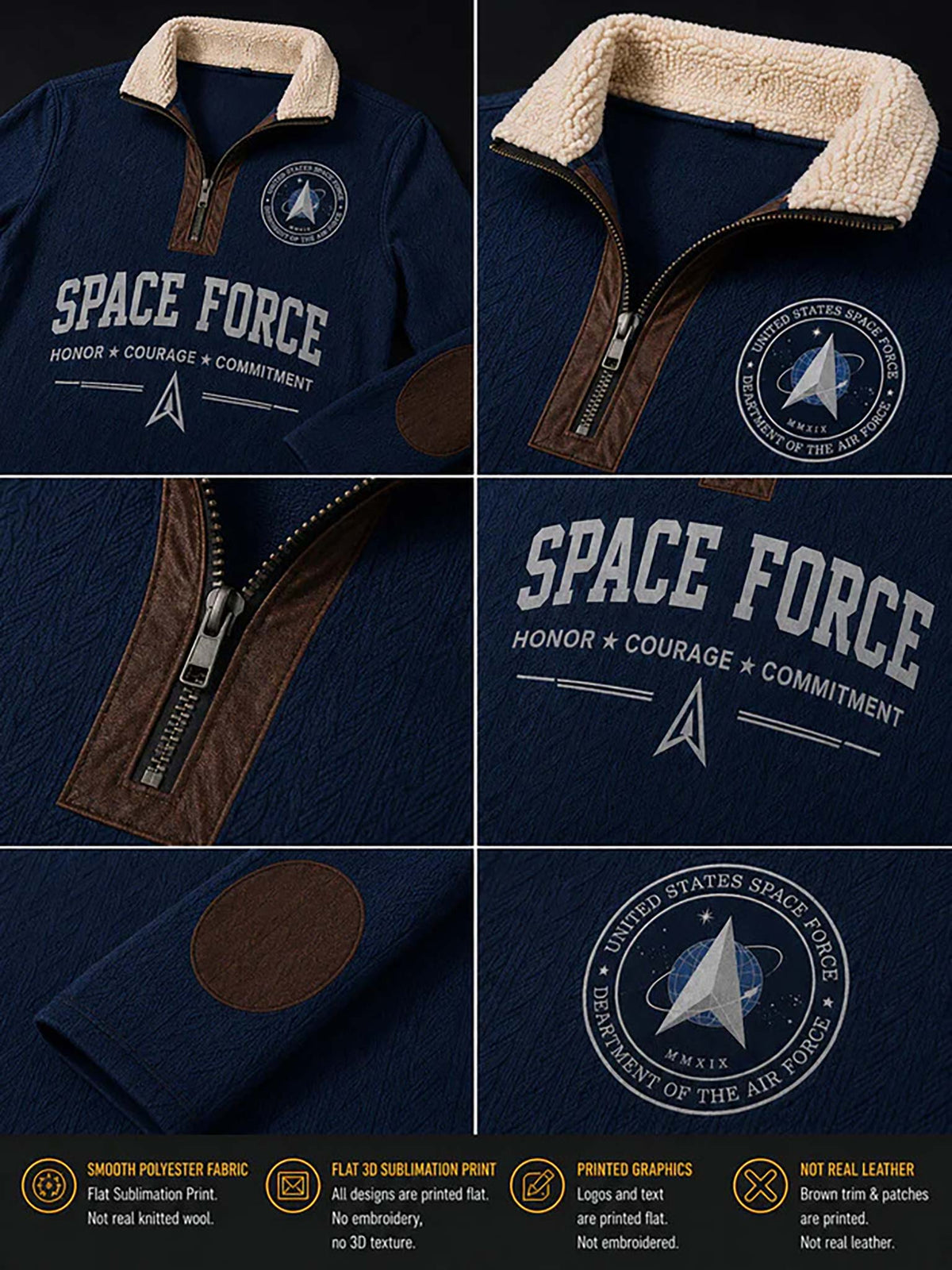 A six-panel product collage showing a navy blue quarter-zip fleece jacket from multiple angles. The jacket features a beige sherpa collar, brown leather-look elbow patches, and a brown zipper.
