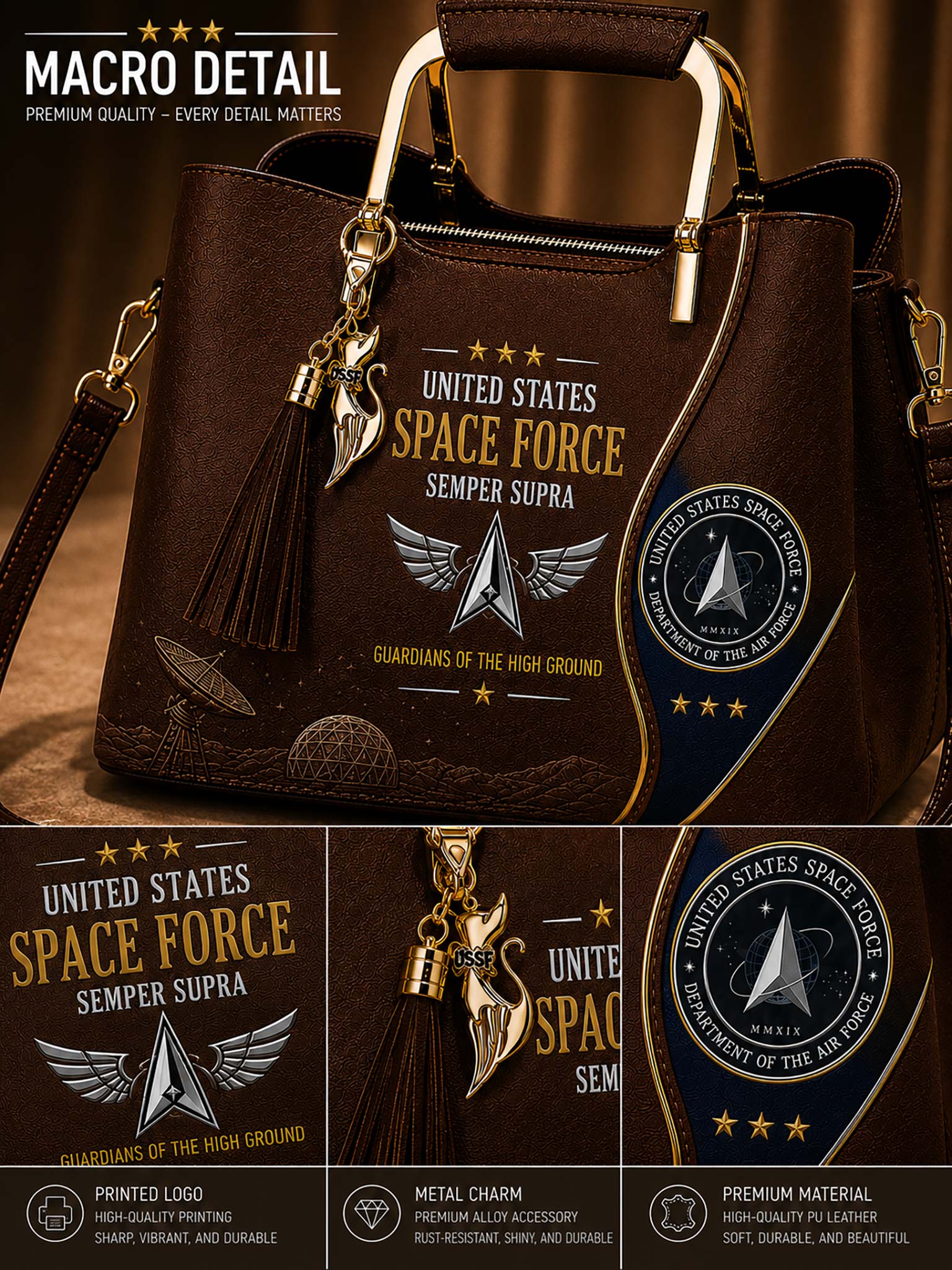 A dark brown leather handbag with gold-tone hardware and a detailed United States Space Force graphic. The bag features a tassel charm with a gold bird and a metal lock, and the main graphic includes the words 'United States Space Force', 'Semper Supra', and a winged emblem.