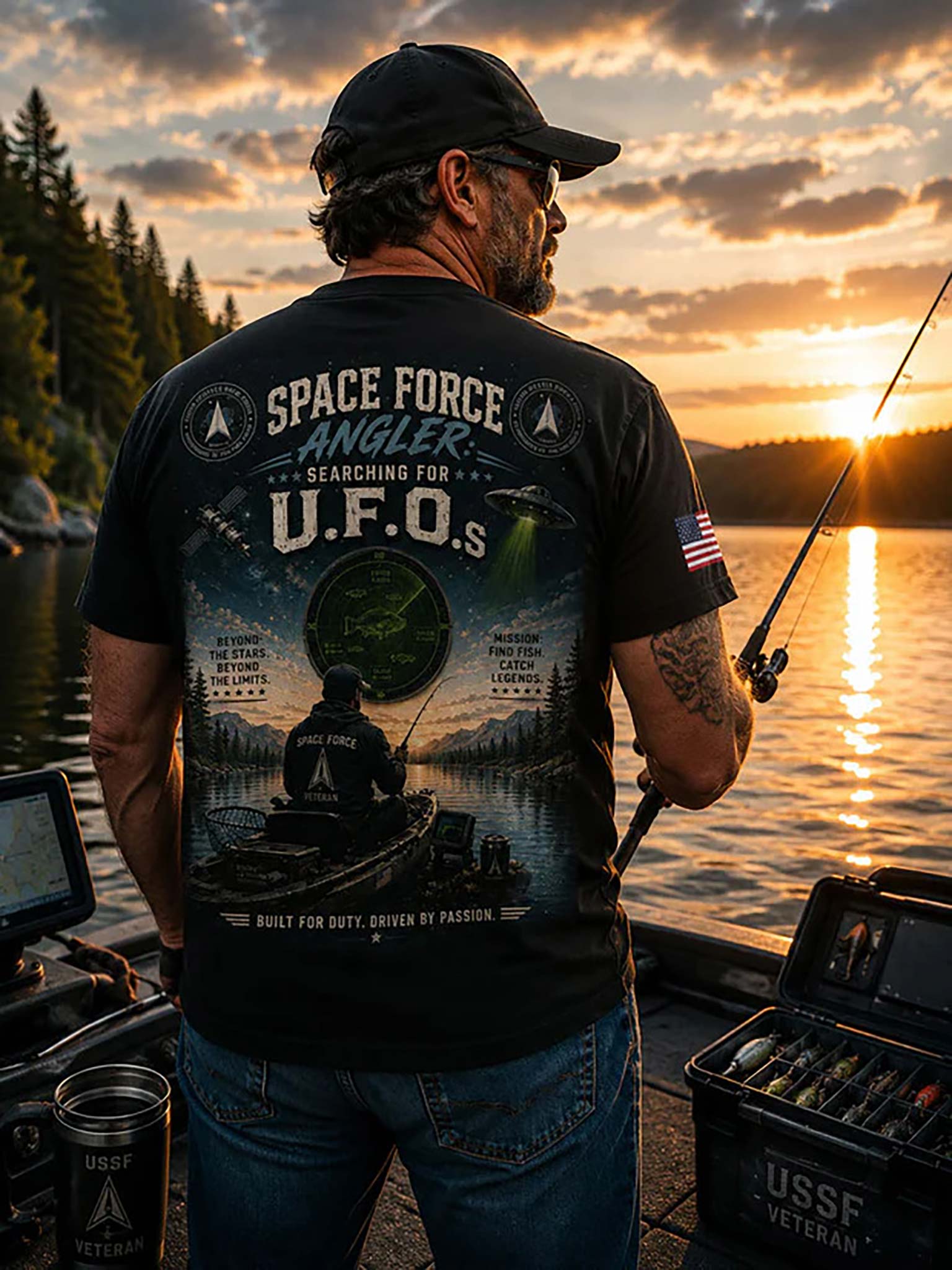 A man stands on a boat at sunset wearing a black graphic T-shirt with a large back print reading 'SPACE FORCE ANGLER' and 'SEARCHING FOR U.F.