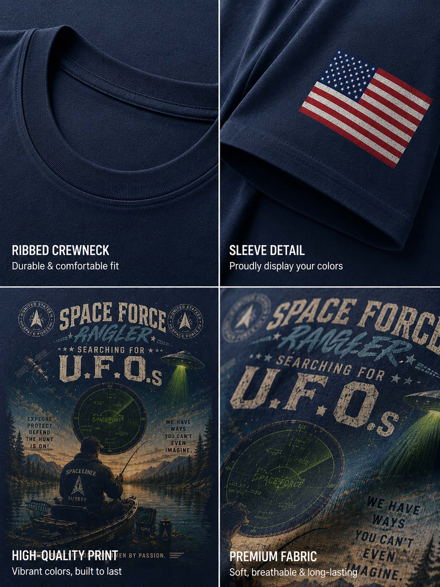 A four-panel product detail collage of a navy blue short-sleeve T-shirt. The top-left panel shows the ribbed crewneck.