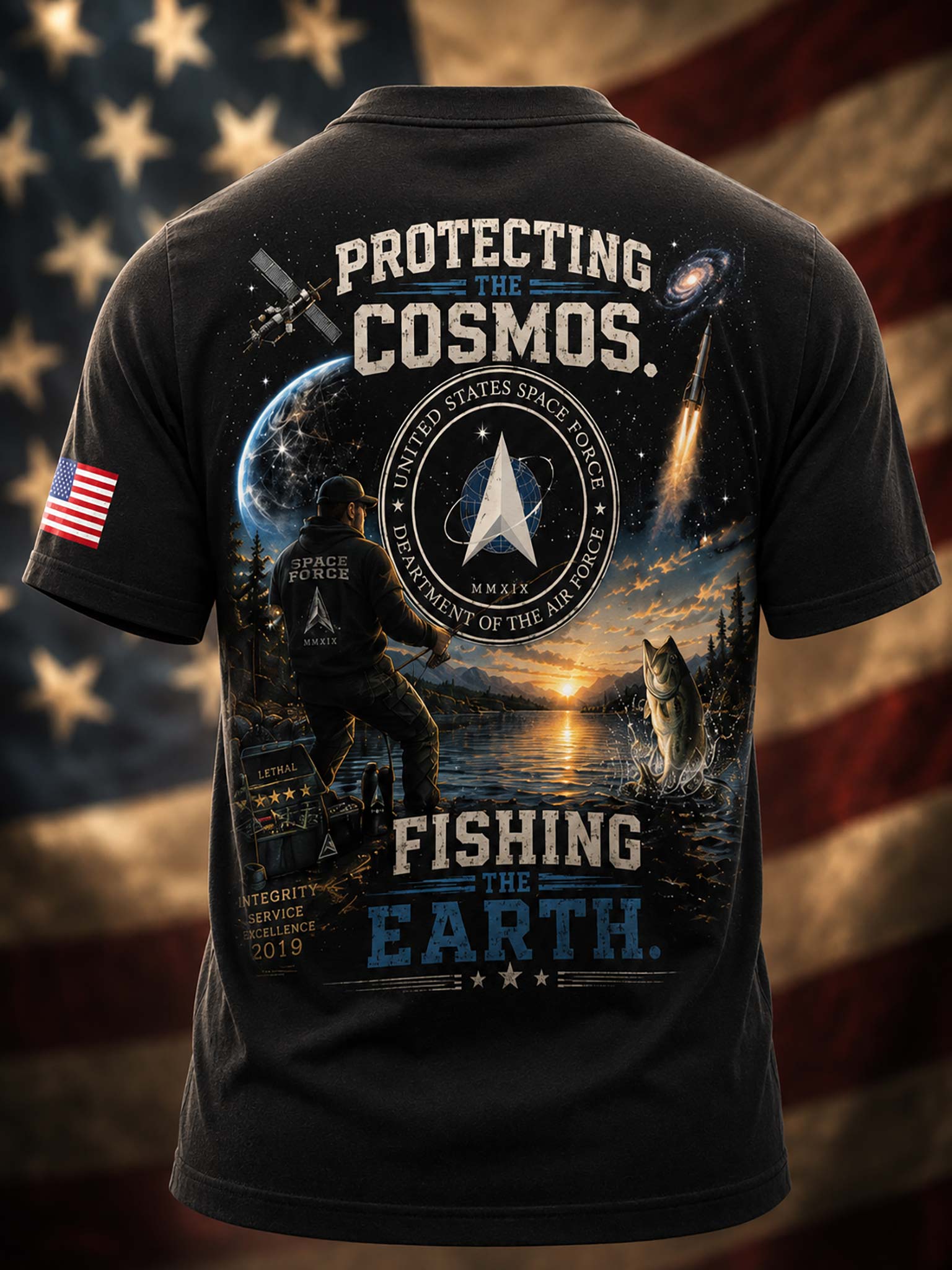A black short-sleeve t-shirt shown from the back, featuring a large patriotic graphic with the text 'PROTECTING THE COSMOS' and 'FISHING THE EARTH,' a space-and-lake scene, a fisherman silhouette, and a U.S.