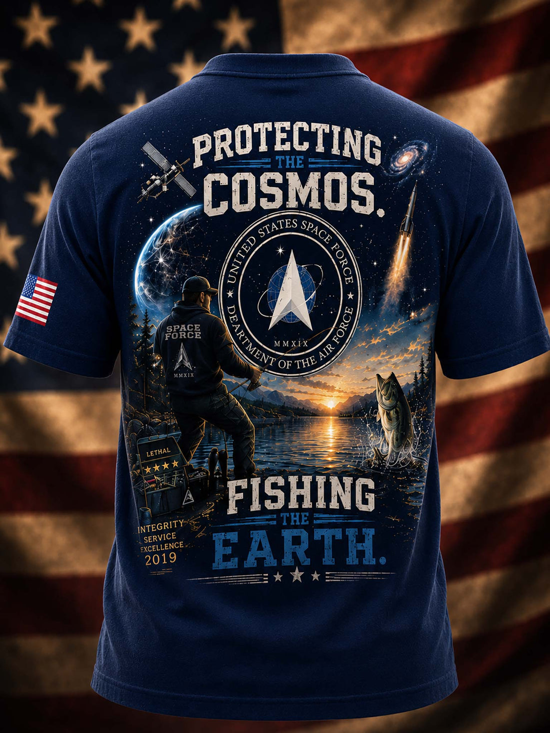 A black short-sleeve t-shirt shown from the back, featuring a large patriotic graphic with the text 'PROTECTING THE COSMOS' and 'FISHING THE EARTH,' a space-and-lake scene, a fisherman silhouette, and a U.S.