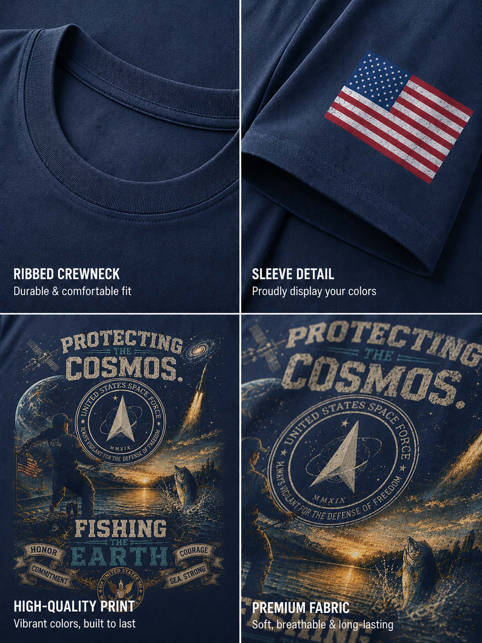 A four-panel product detail collage of a navy blue short-sleeve T-shirt. The top-left panel shows the ribbed crewneck.