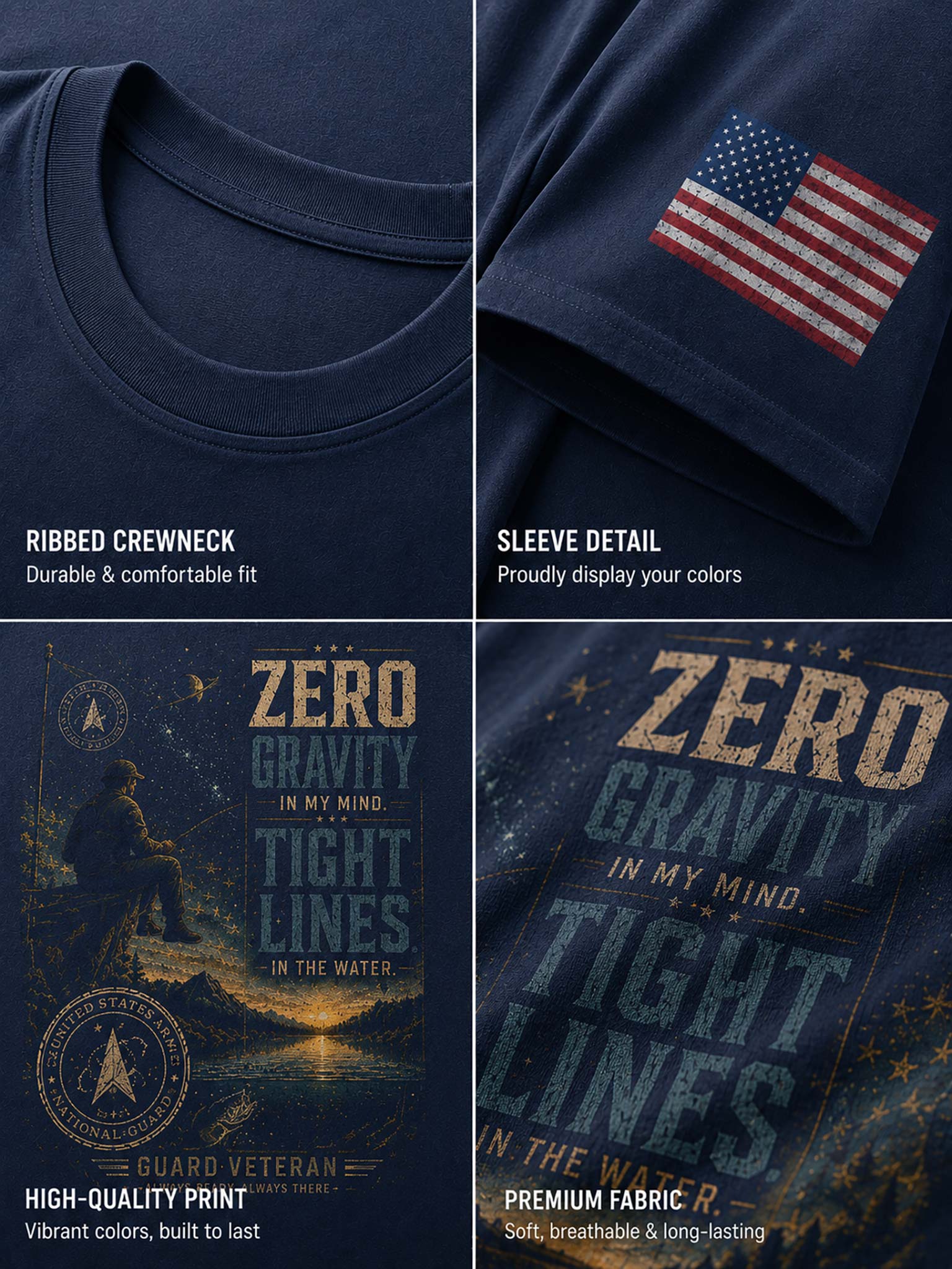 A four-panel product detail collage of a navy blue short-sleeve T-shirt. The top-left panel shows the ribbed crewneck.
