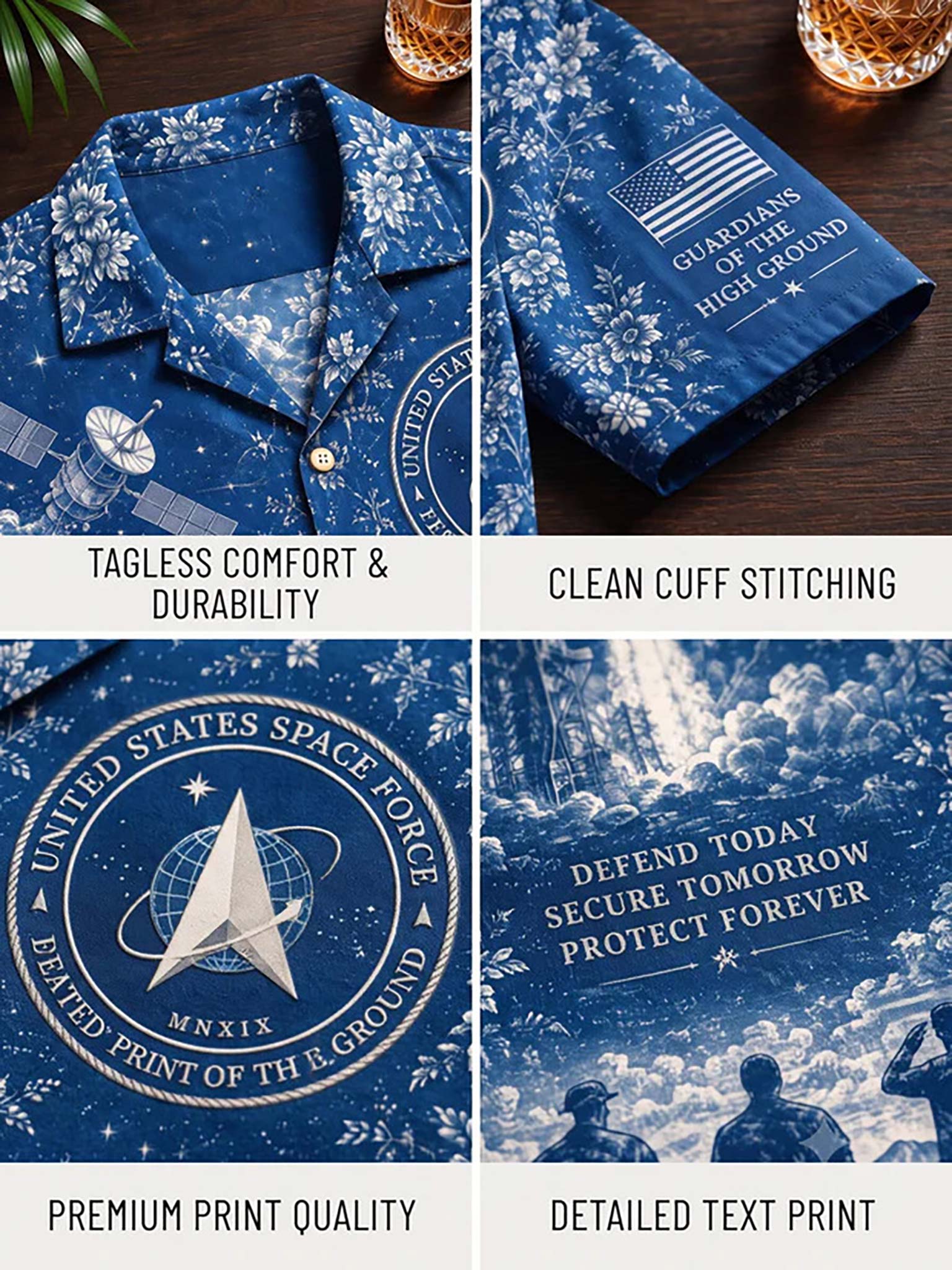 A four-panel collage showing a blue and white United States Space Force themed pajama shirt. The panels highlight features like the tagless comfort collar, clean cuff stitching, premium print quality, and detailed text print.