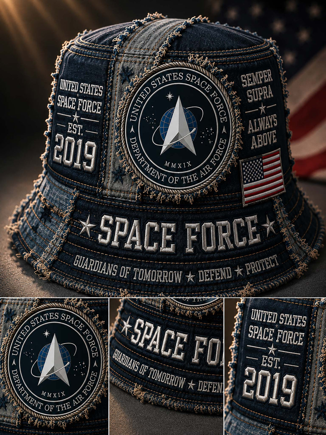 A distressed denim bucket hat featuring Space Force themed patches, including a central circular emblem with a delta symbol, 'UNITED STATES SPACE FORCE' text, and an American flag patch. Three detail inset images at the bottom show close-ups of the patches.