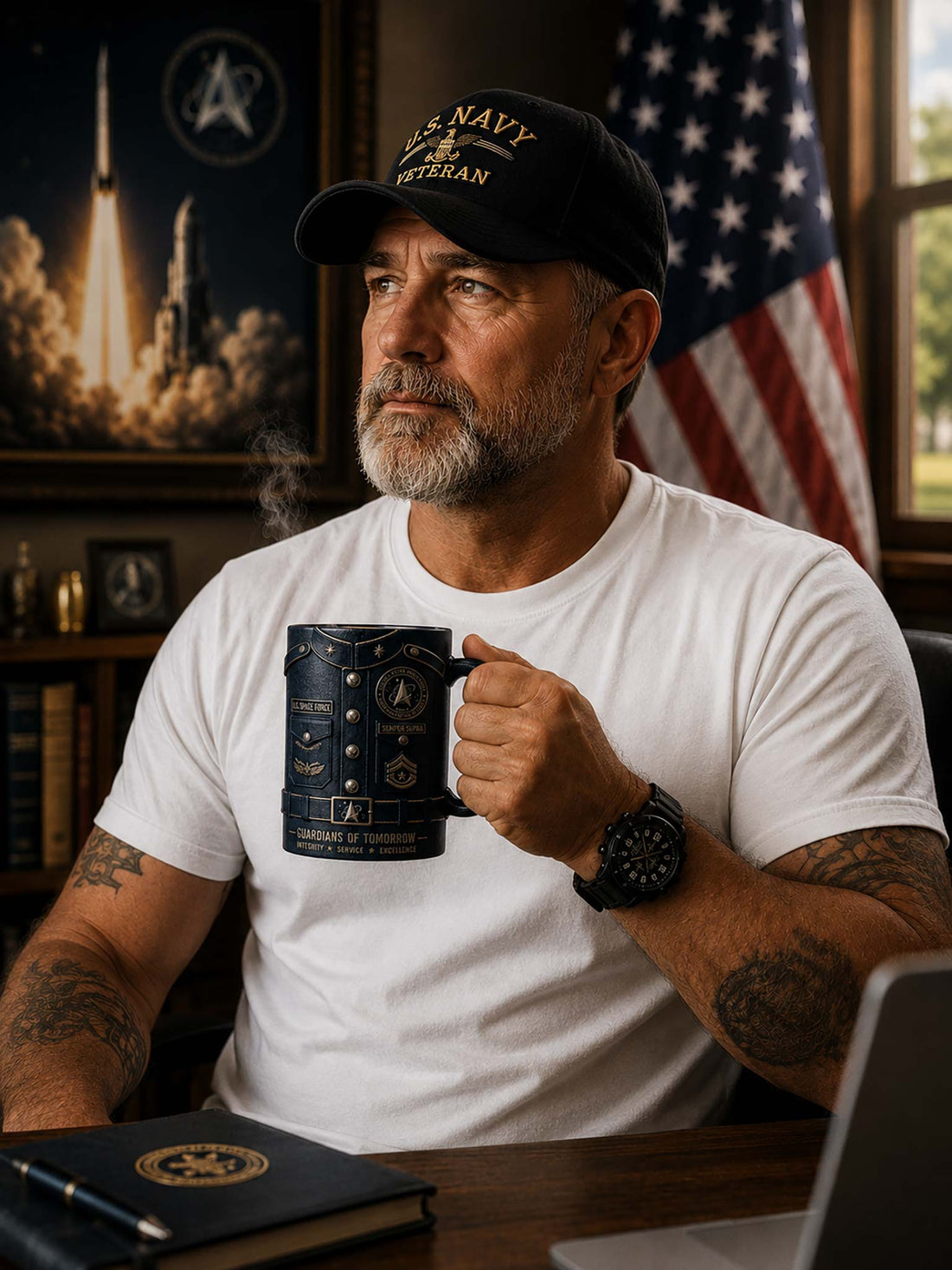 A dark navy blue ceramic mug designed to look like a U.S.