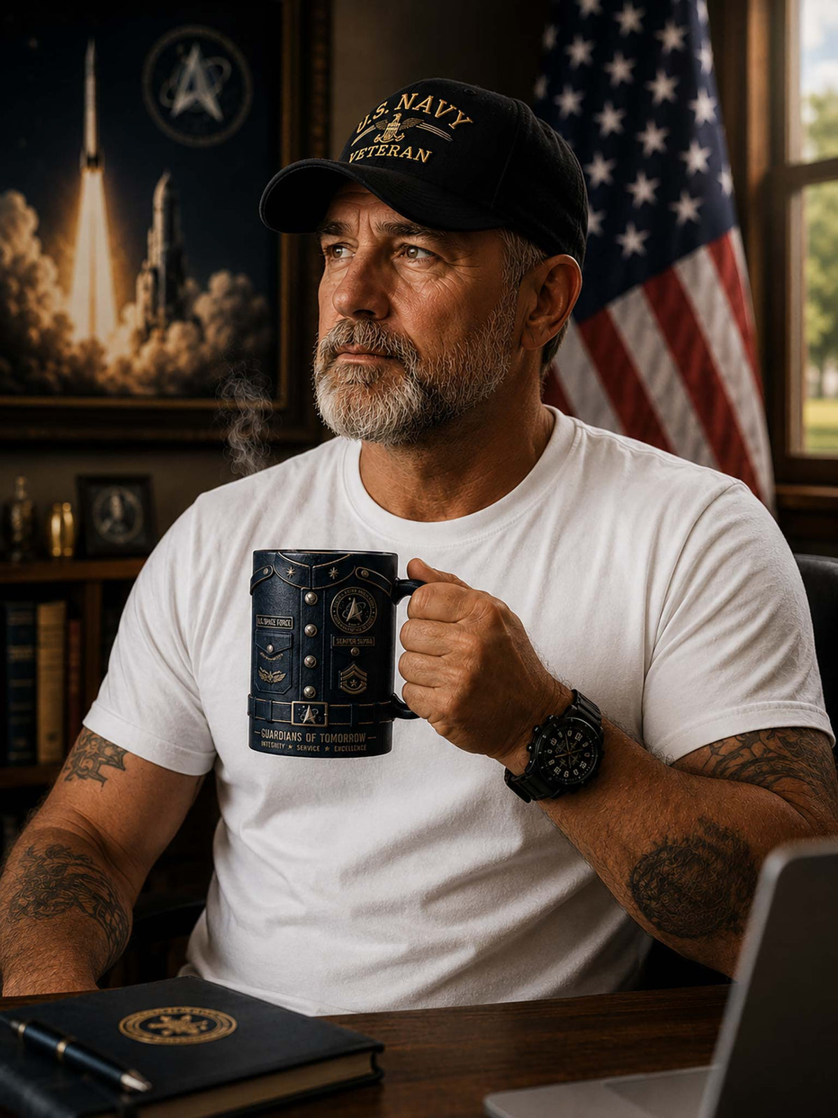 A man in a white t-shirt and a black US Navy cap holds a dark blue mug with a detailed military design. He is seated at a desk with an American flag and a space-themed poster in the background.