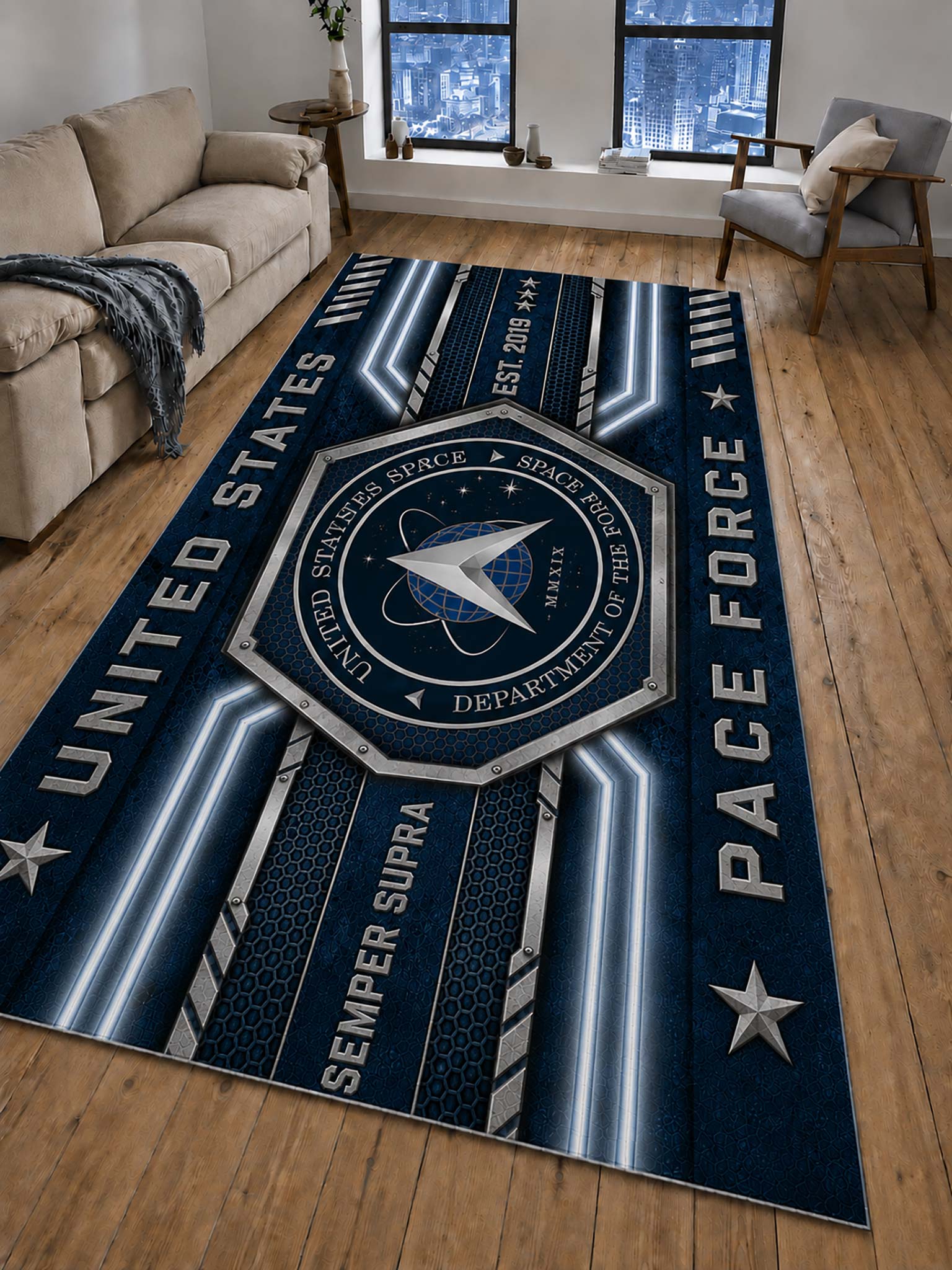Space Force Geometric Metallic-Style Floor Rug