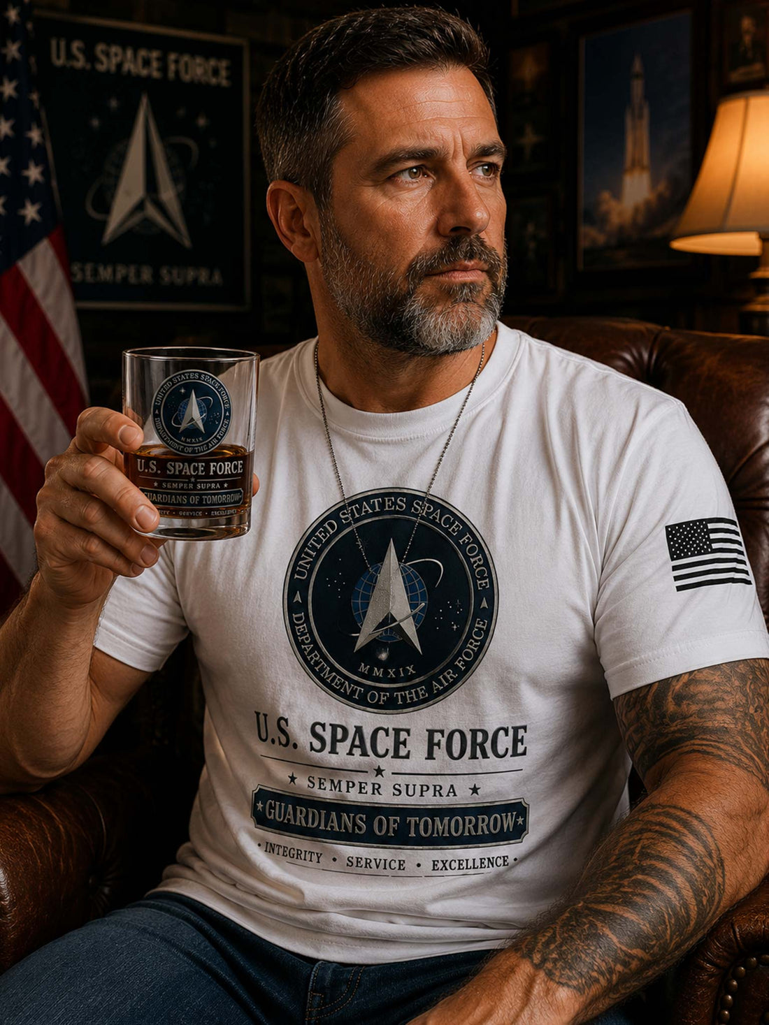 A clear rocks tumbler glass with a printed United States Space Force emblem and text, filled with amber whiskey, displayed on a dark wooden surface against a black background.