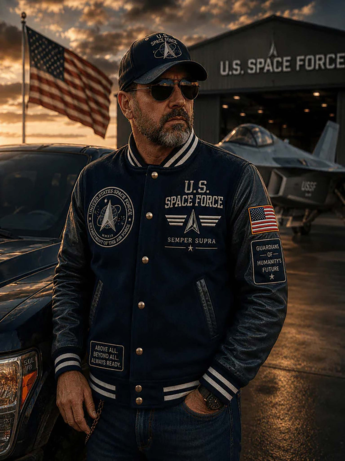 A navy blue varsity-style jacket with white and silver graphics reading 'United States Space Force' and 'U.S.