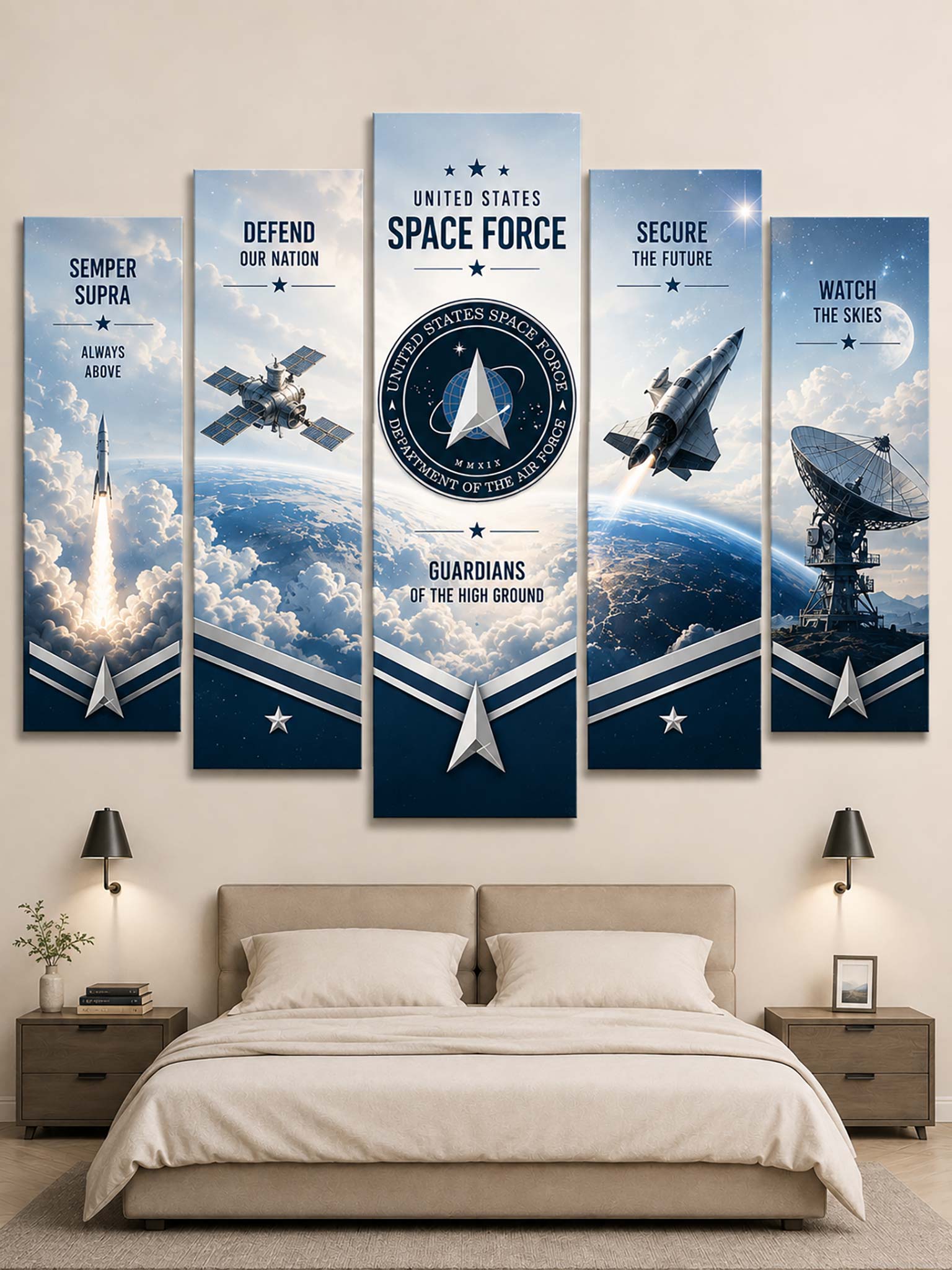 A 5-panel canvas wall art set featuring United States Space Force themes, displayed above a bed in a modern bedroom setting. The vertical panels depict space rockets, Earth from space, satellites, and space-themed insignia in navy blue, white, and blue tones.
