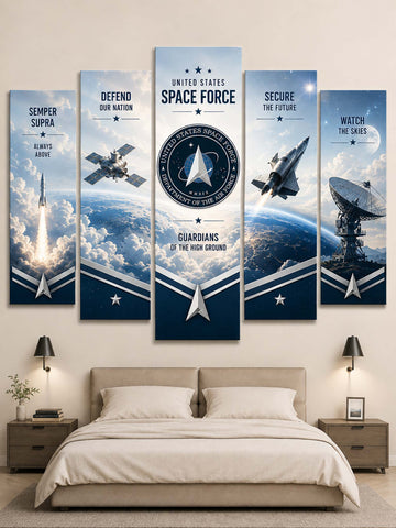 A 5-panel canvas wall art set featuring United States Space Force themes, displayed above a bed in a modern bedroom setting. The vertical panels depict space rockets, Earth from space, satellites, and space-themed insignia in navy blue, white, and blue tones.