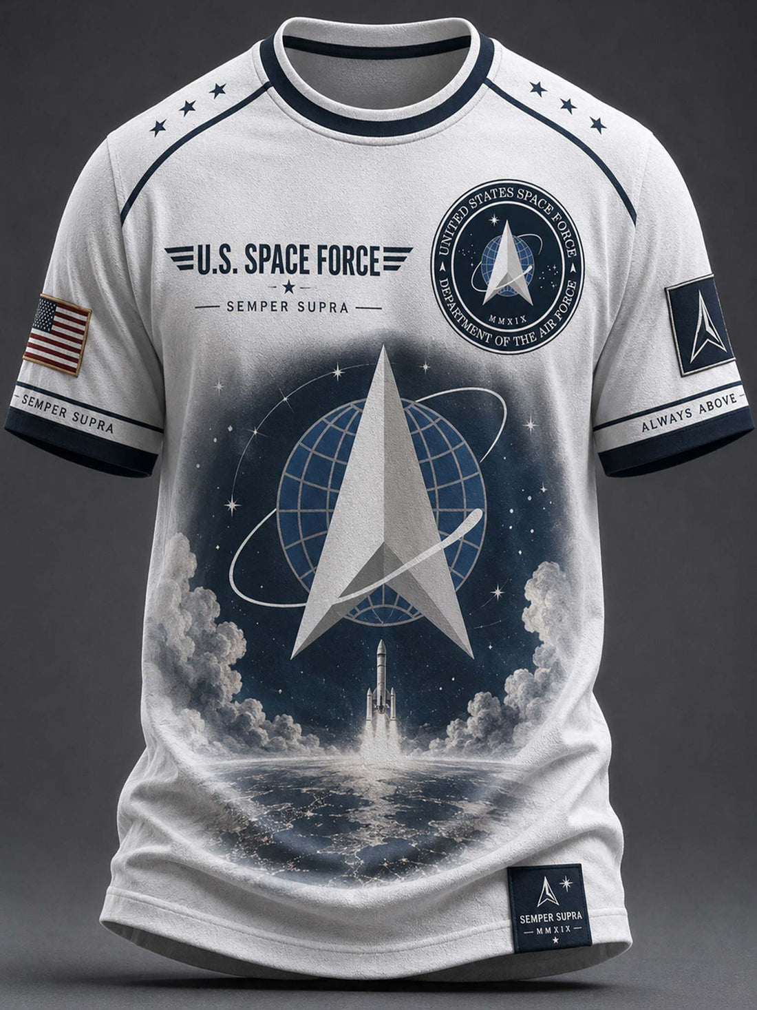A white short-sleeve crewneck t-shirt with a detailed U.S.