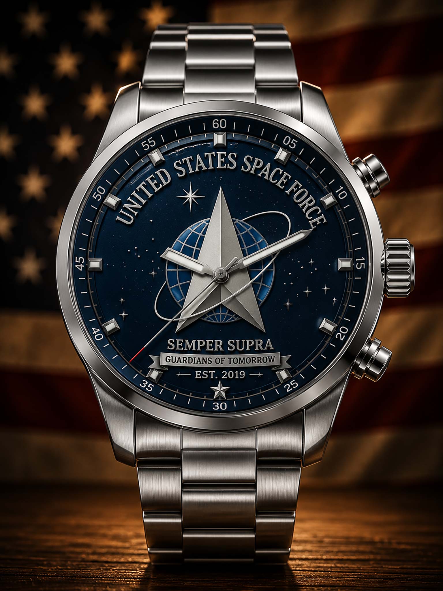 A stainless steel wristwatch with a dark blue space-themed dial featuring the United States Space Force emblem and text, shown prominently against a blurred American flag and wooden surface background.