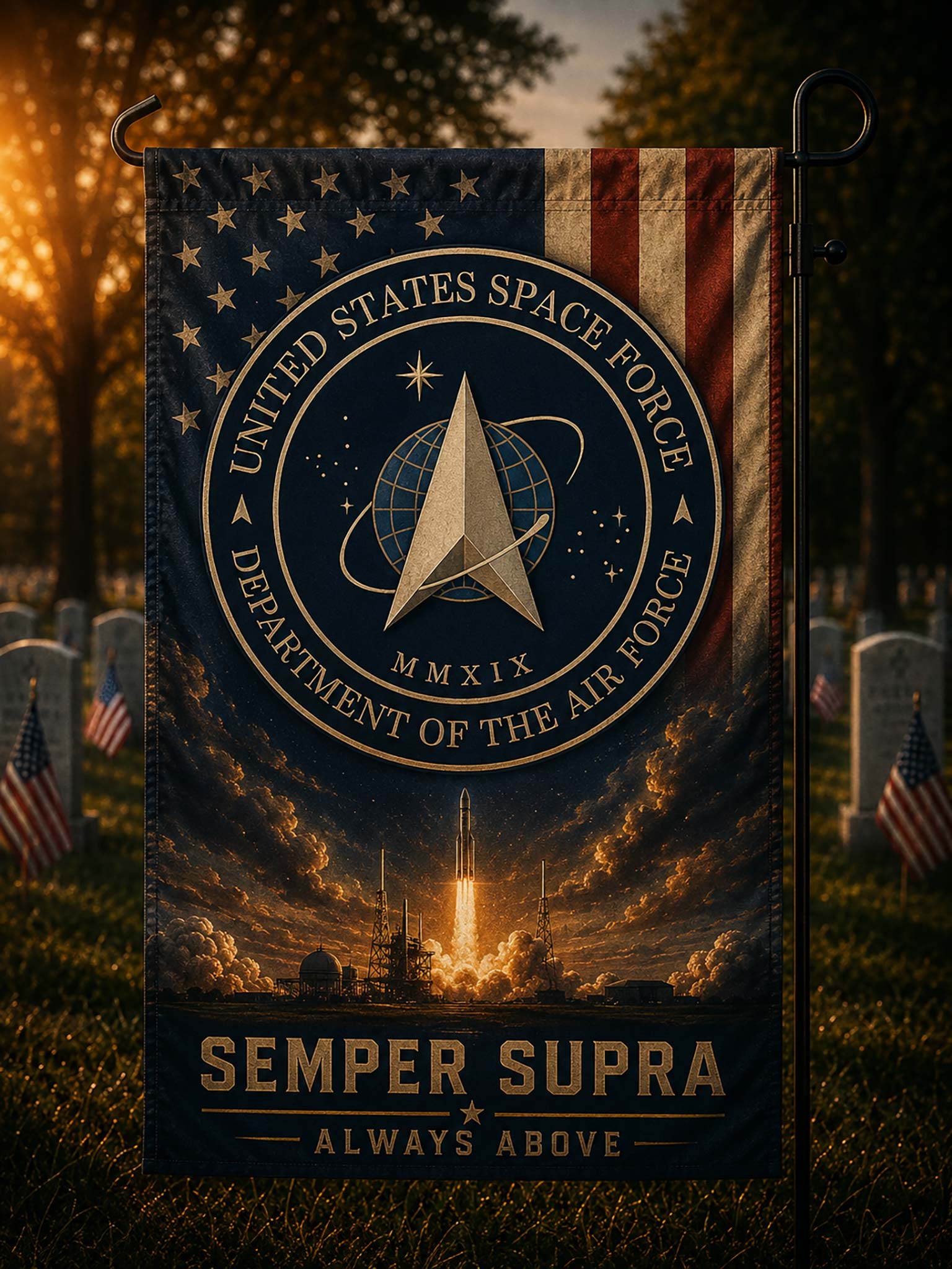 A vertical garden flag displayed on a black metal stand in a cemetery. The flag features the United States Space Force seal over an American flag and a rocket launch scene, with the text 'SEMPER SUPRA' and 'ALWAYS ABOVE' at the bottom.