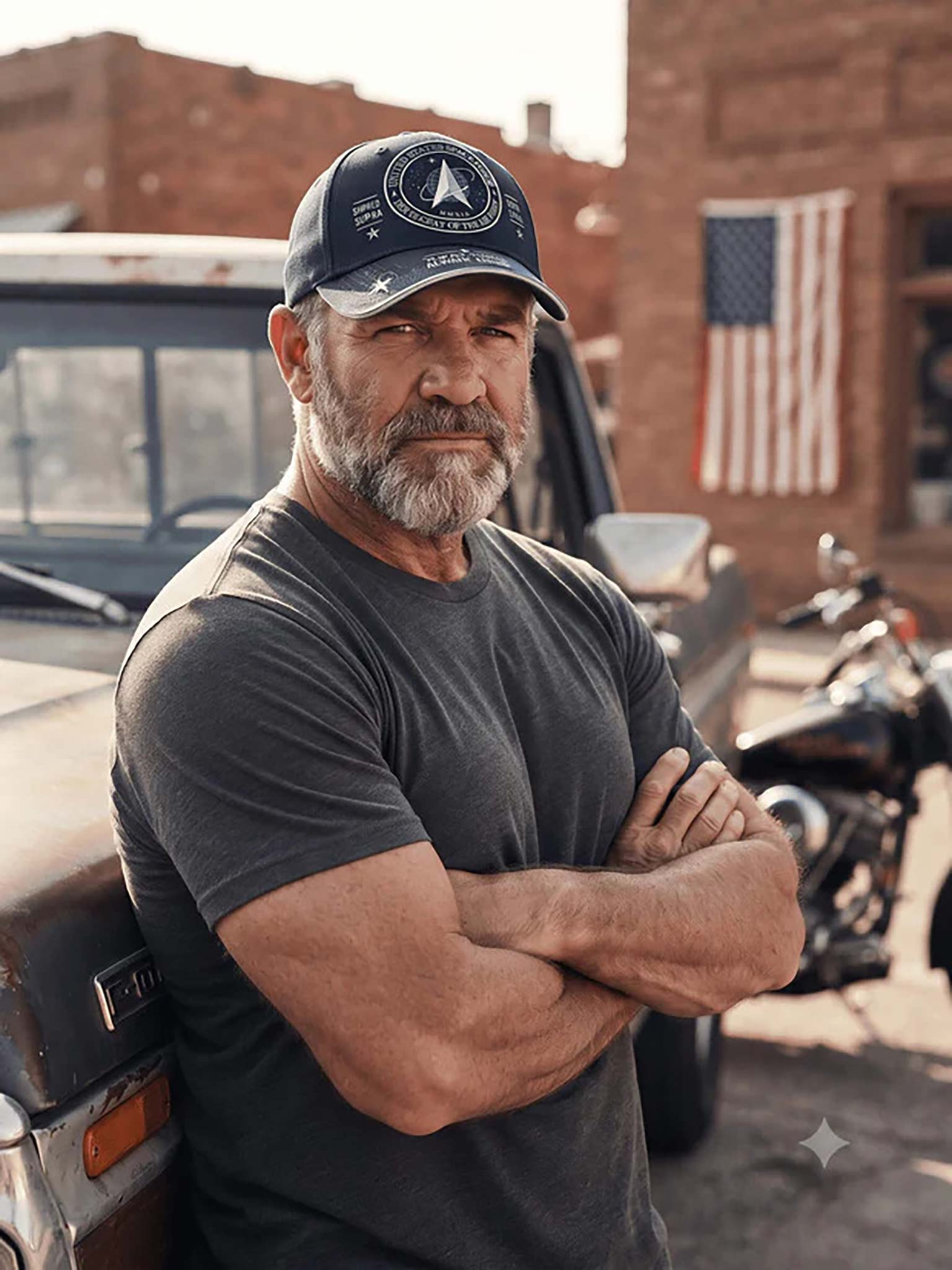 A muscular man with a graying beard stands with arms crossed, wearing a dark gray t-shirt and a navy blue baseball cap with a circular logo. He is posed outdoors in front of a vintage truck, a motorcycle, and a brick wall with an American flag.