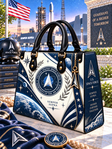 Space Force Heritage Elegance Leather Bag front view with delta emblem and celestial artwork