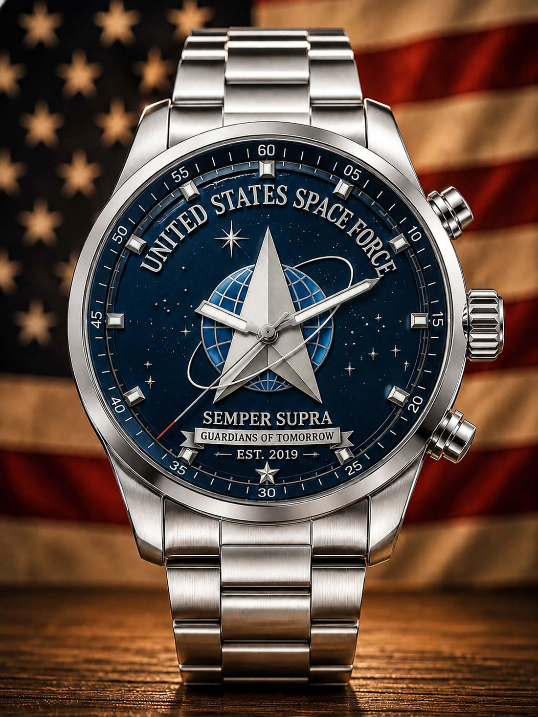 A stainless steel wristwatch with a dark blue space-themed dial featuring the United States Space Force emblem and text, shown against a blurred American flag and wooden surface background.