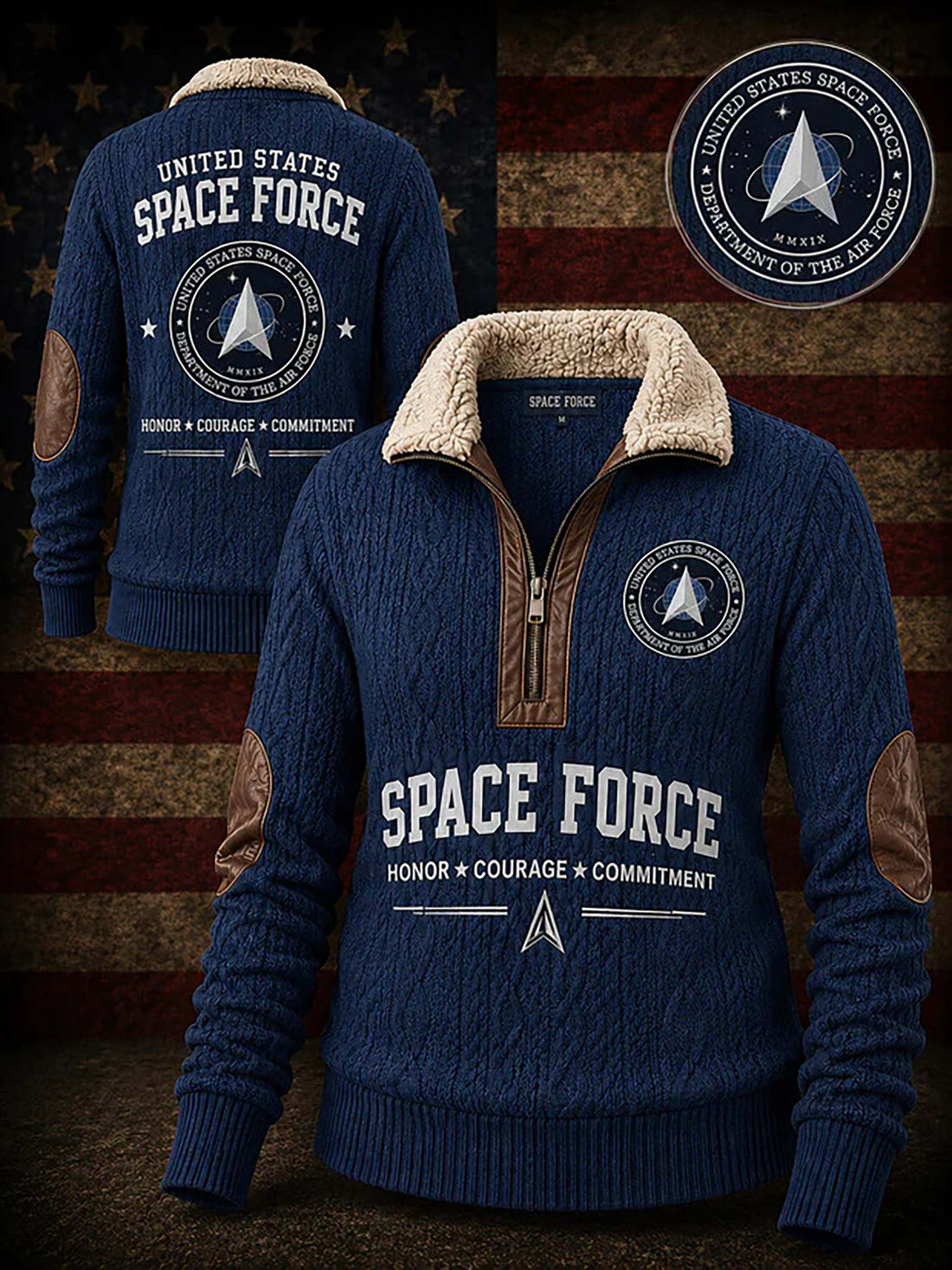 A navy blue cable-knit quarter-zip pullover sweater with a beige sherpa collar, brown elbow patches, and white 'SPACE FORCE' text on the front and back, shown against a blurred American flag background. A circular emblem is visible in the top right.