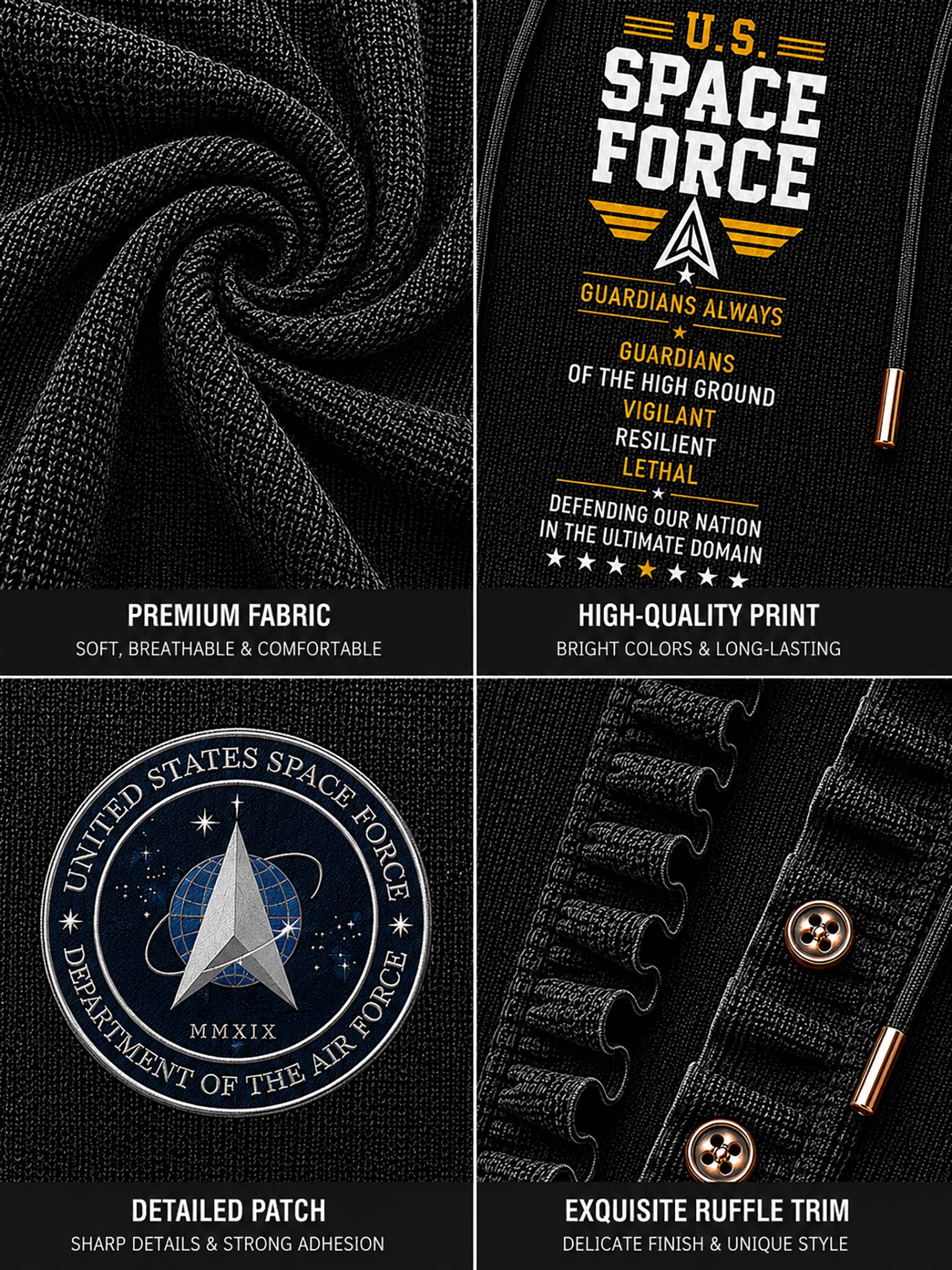 A four-panel product detail graphic for a black drawstring bag. The panels show premium textured fabric, a close-up of the black and gold 'U.