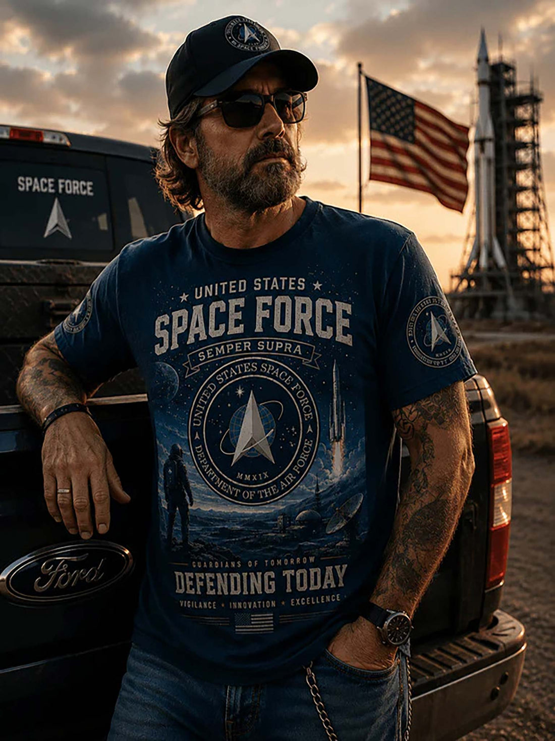 Blue t-shirt with 'United States Space Force' design featuring an astronaut and space-themed graphics.