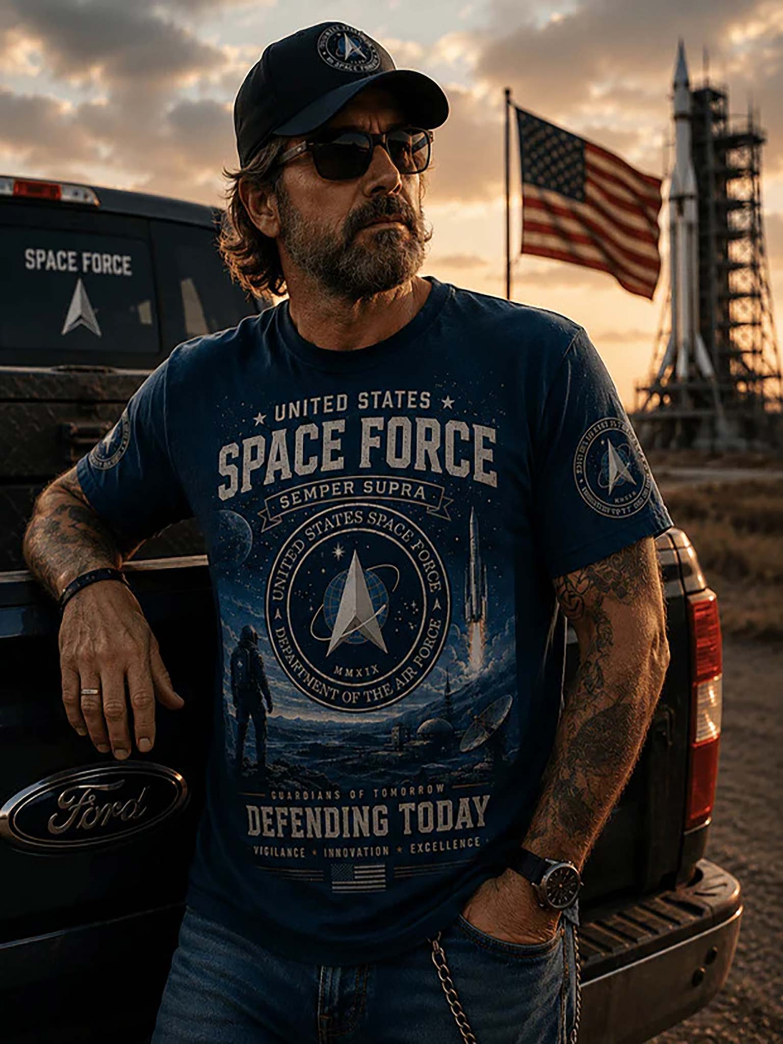 A man wearing a navy blue graphic t-shirt with 'SPACE FORCE' printed on the front, standing in front of a truck tailgate with a Space Force truck and a rocket launch tower in the background at sunset.