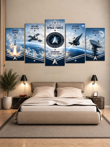 A 5-panel canvas wall art set featuring United States Space Force themes, displayed in a modern bedroom setting above a bed with beige bedding and bedside tables.