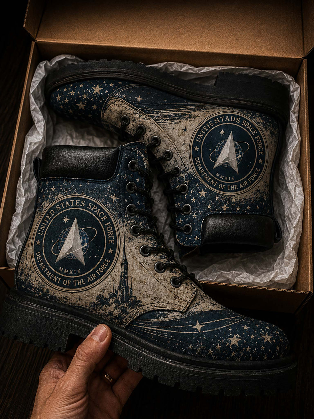 A pair of distressed navy blue lace-up boots with a vintage Star Trek 'United States Space Force' theme, displayed inside a brown cardboard box with tissue paper. A hand is holding the boot on the left side.