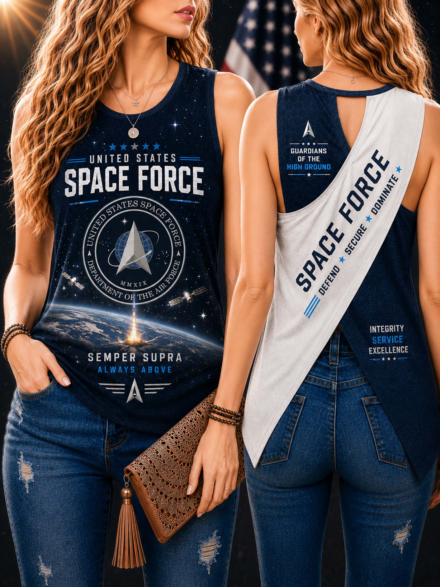 Two women modeling a sleeveless dark navy space-themed tank top with a large 'United States Space Force' graphic and a white sash that reads 'Space Force.' One shows the front and the other shows the back, photographed against a dark patriotic background with an American flag.