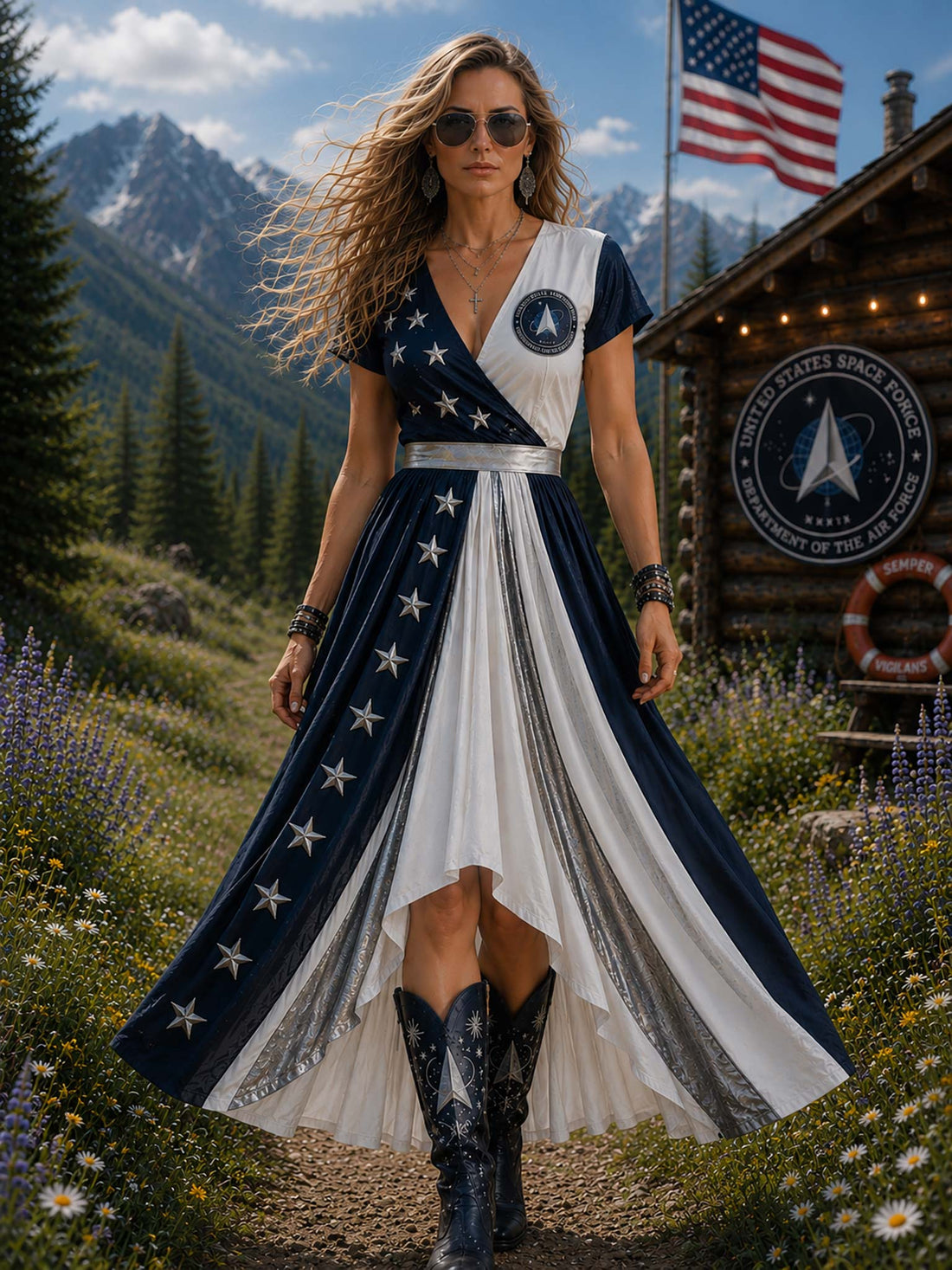 A woman stands outdoors in a mountain meadow wearing a high-low dress with a navy, white, and silver American flag theme and stars, paired with dark cowboy boots. A rustic cabin, American flag, and mountains are visible in the background.