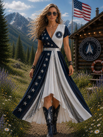 A woman stands outdoors in a mountain meadow wearing a high-low dress with a navy, white, and silver American flag theme and stars, paired with dark cowboy boots. A rustic cabin, American flag, and mountains are visible in the background.