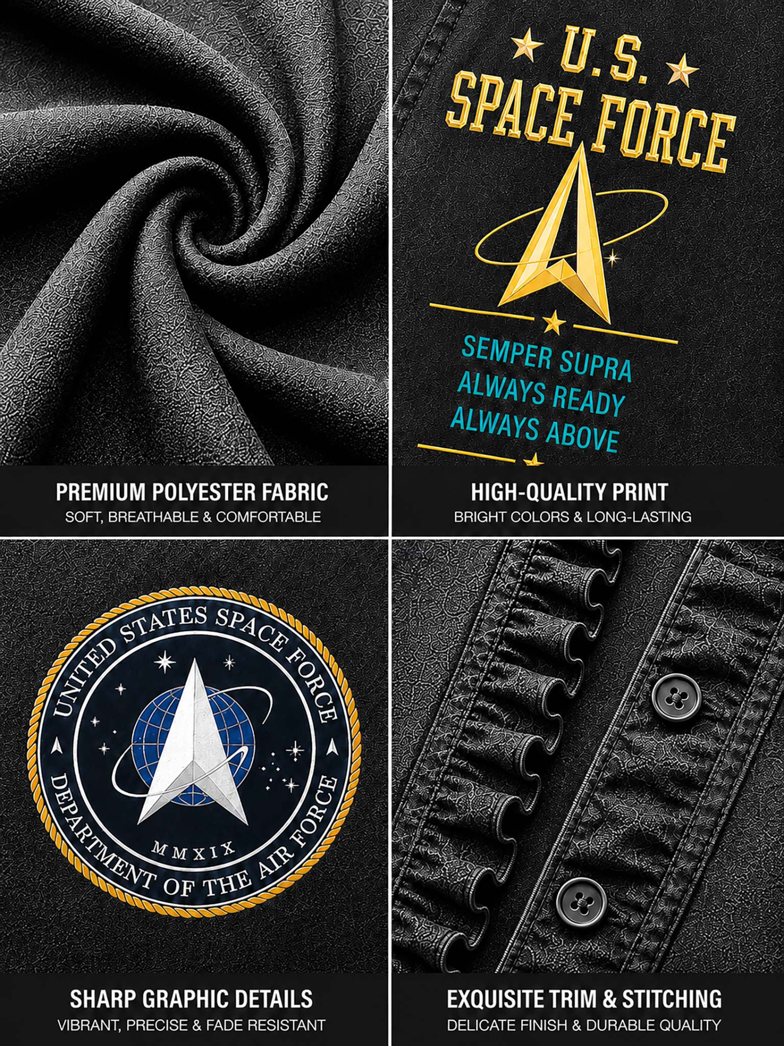 A four-panel product detail graphic showing a dark gray/black fabric close-up, a printed U.S.