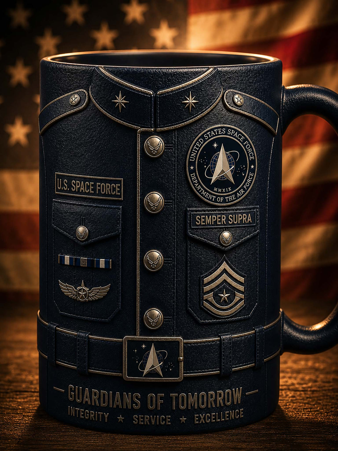 A dark navy blue ceramic mug designed to look like a U.S.